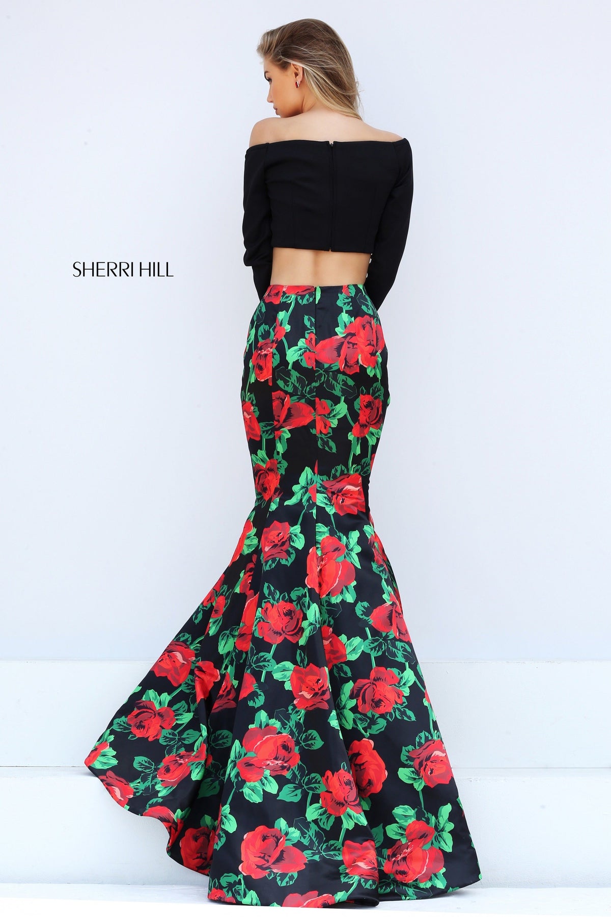 Sherri Hill 50584 two-piece floral print mermaid gown with long-sleeve crop top