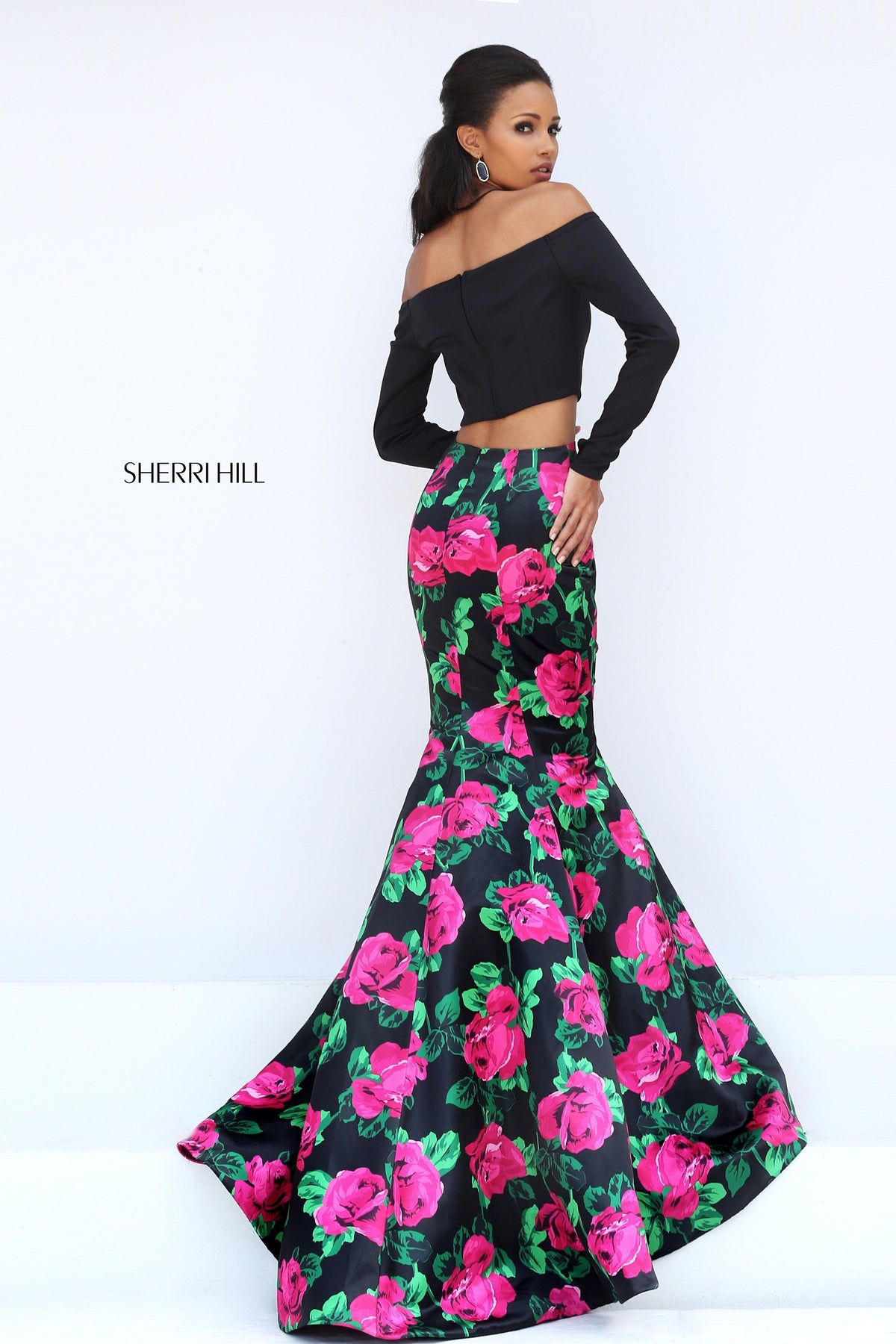 Sherri Hill 50584 two-piece floral print mermaid gown with long-sleeve crop top