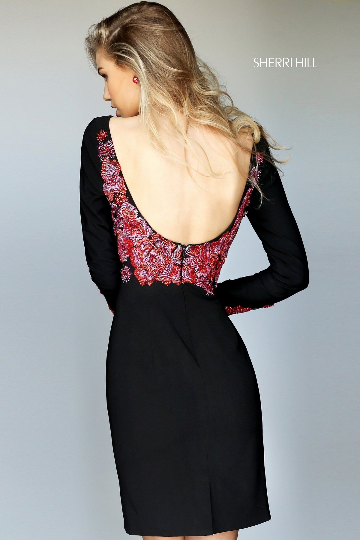 Sherri Hill 50607 long-sleeve embroidered fitted cocktail dress with cutout in black/multi