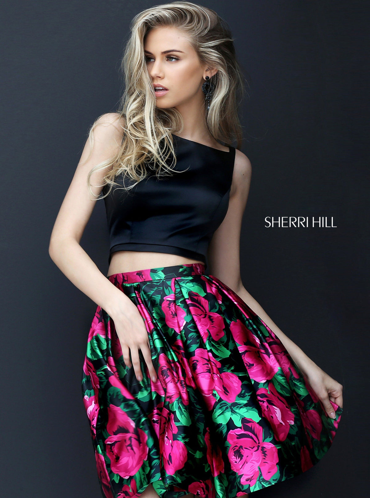 Sherri Hill 50582 two-piece floral print cocktail dress in black/fuchsia print