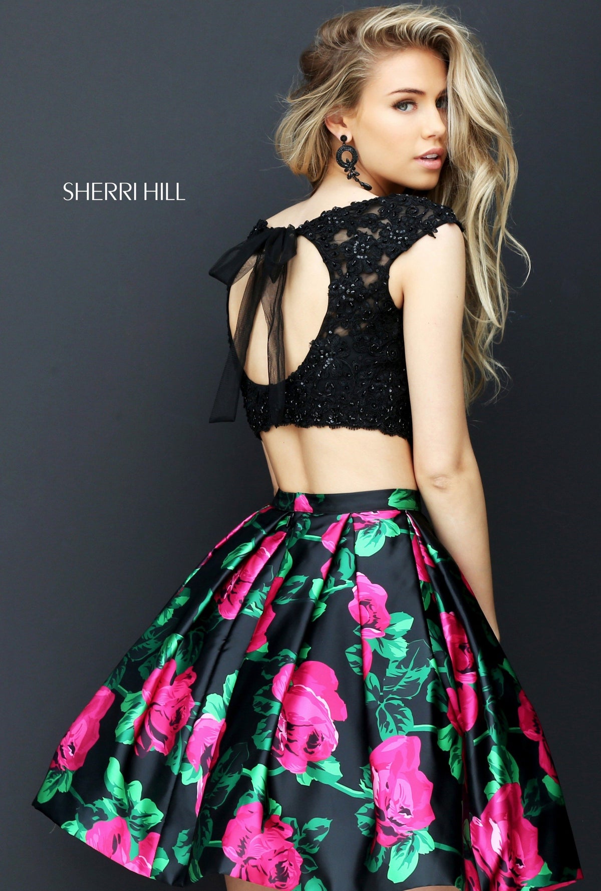 Sherri Hill 50603 two-piece cocktail dress with beaded top and floral print skirt