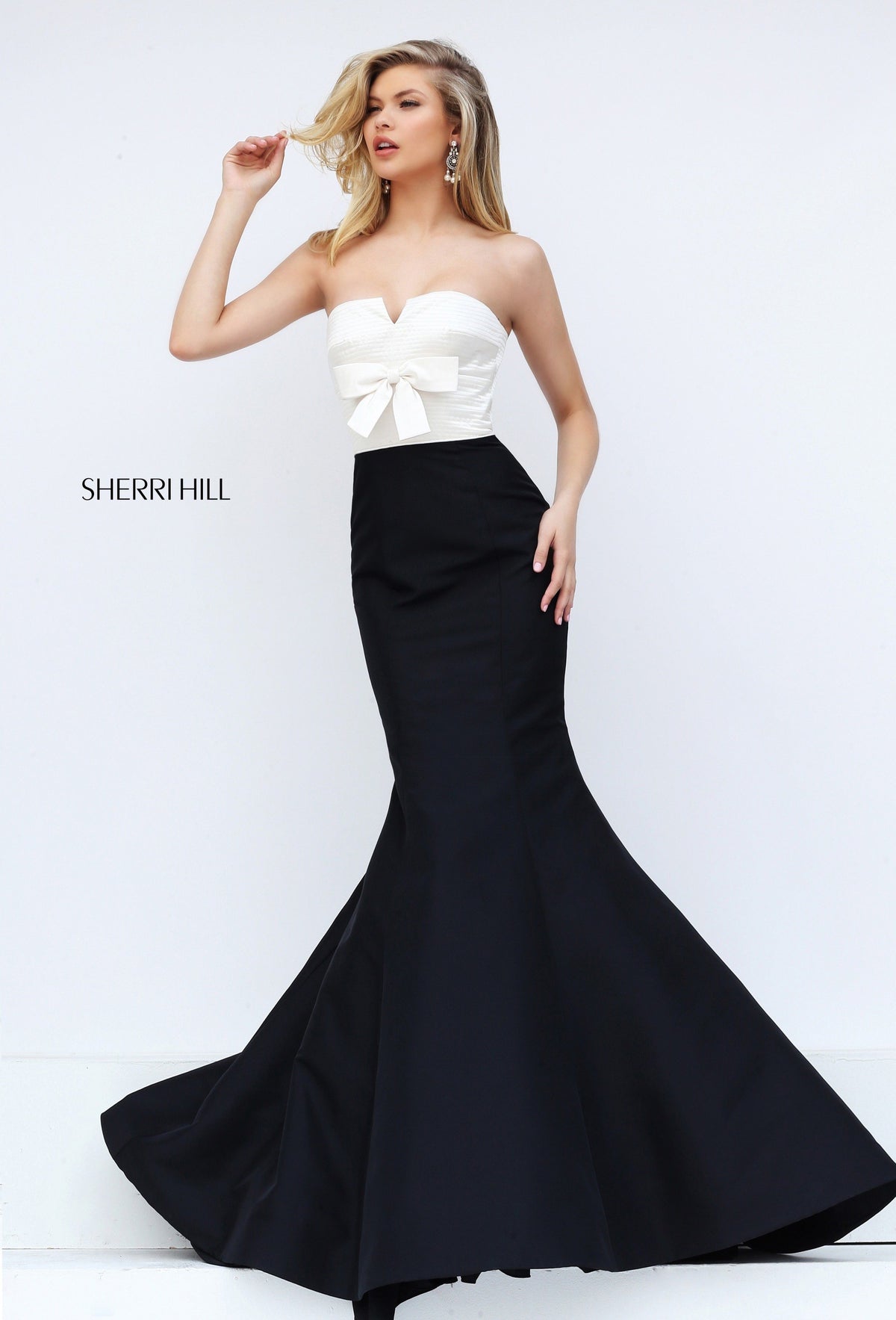 Sherri Hill 50601 strapless satin mermaid gown in ivory/black