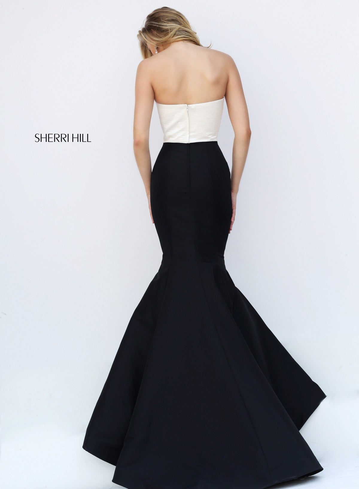 Sherri Hill 50601 strapless satin mermaid gown in ivory/black