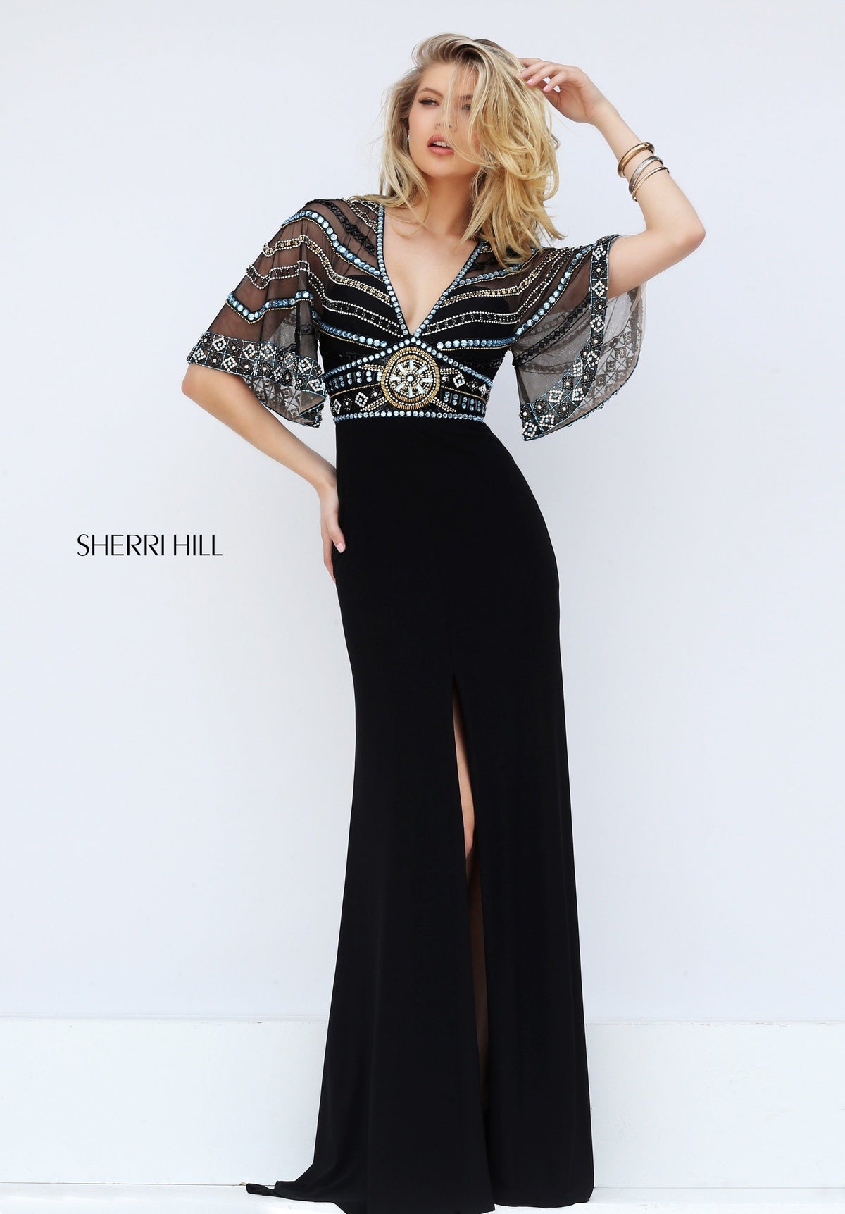 Sherri Hill 50591 V-neck beaded fitted gown with slit