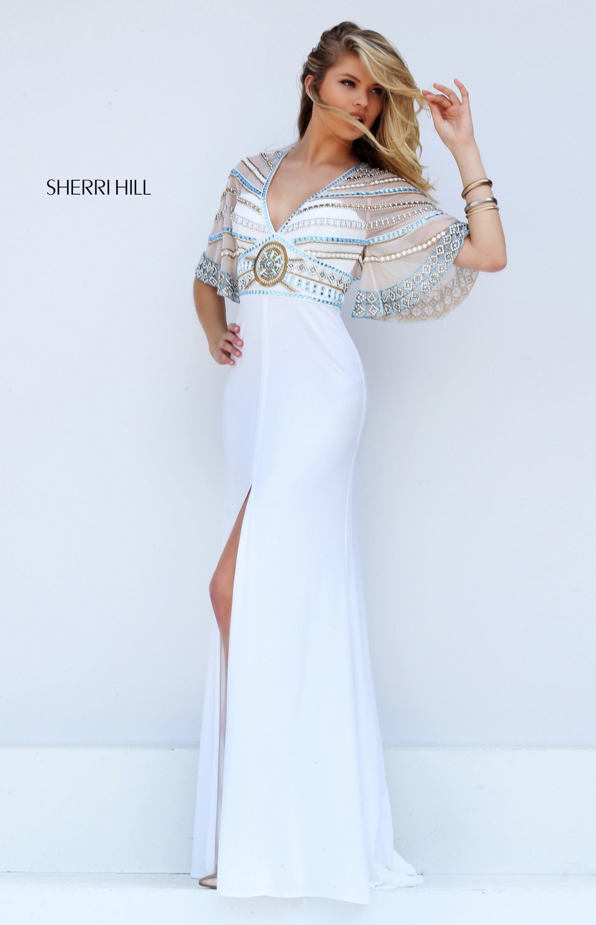 Sherri Hill 50591 V-neck beaded fitted gown with slit