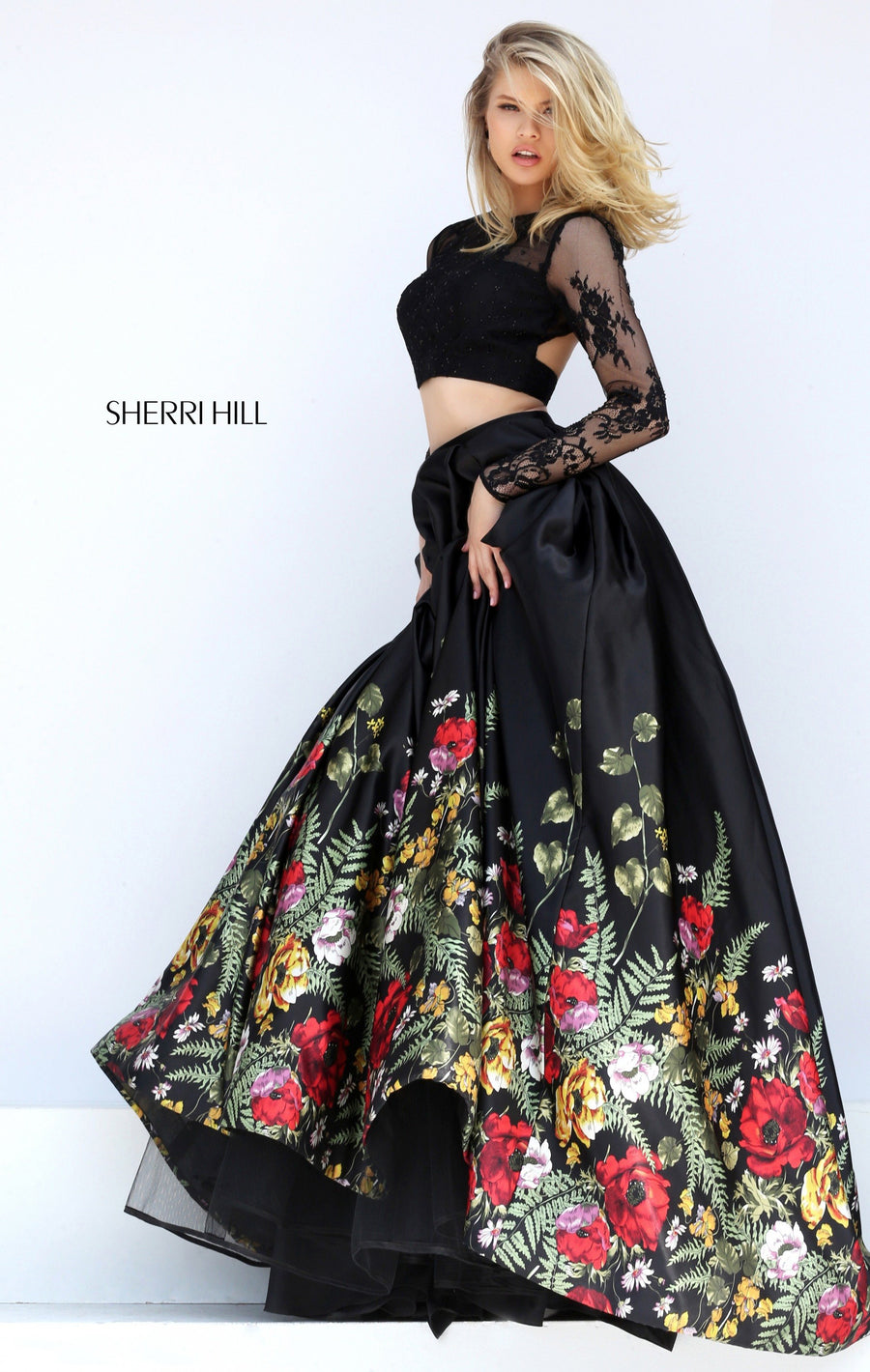 Sherri Hill style 50599 in black/multi, Piece Satin Floral Border Print Ball Gown