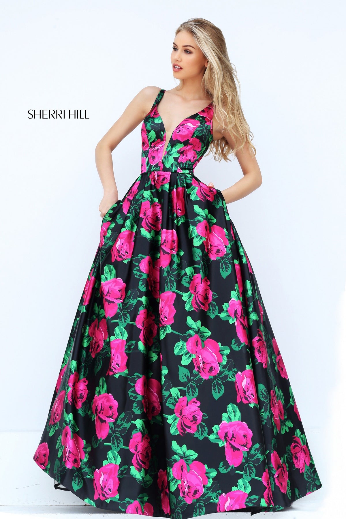 Sherri Hill 50598 V-neck floral print ball gown in black/fuchsia print