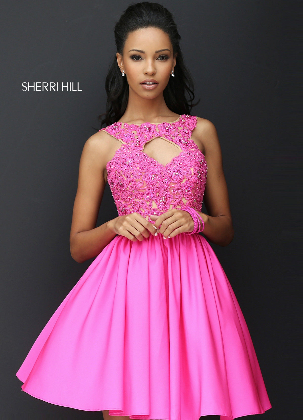 Sherri Hill 50581 lace bodice cocktail dress with tulle skirt in fuchsia