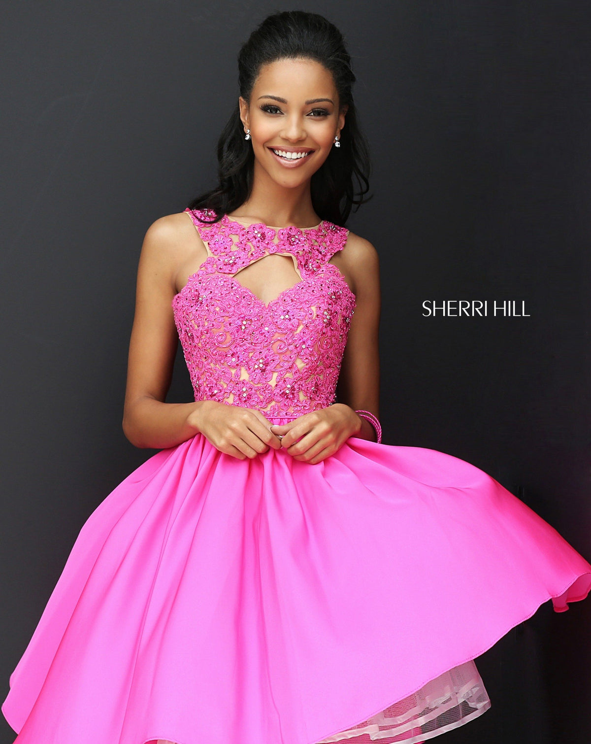 Sherri Hill 50581 lace bodice cocktail dress with tulle skirt