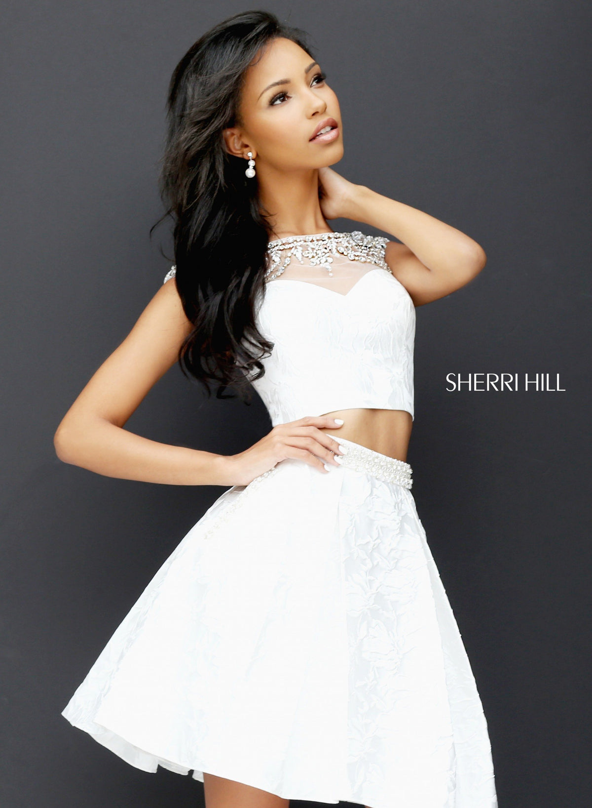 Sherri Hill 50499 two-piece cocktail dress with beaded crop top in ivory
