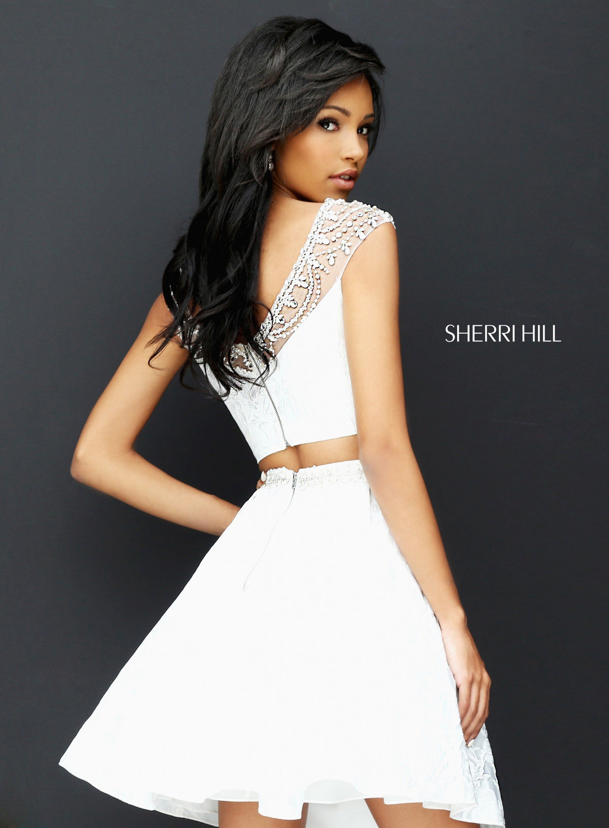 Sherri Hill 50499 two-piece cocktail dress with beaded crop top in ivory