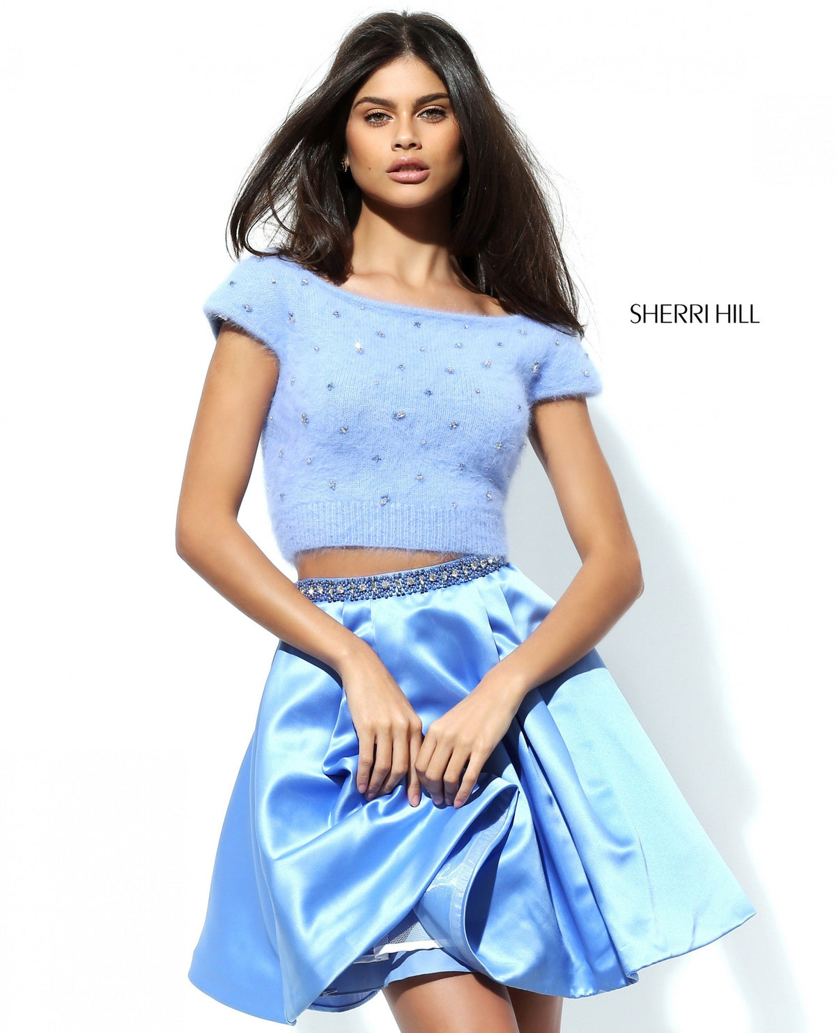 Sherri Hill 50554 two-piece lace cocktail dress in periwinkle