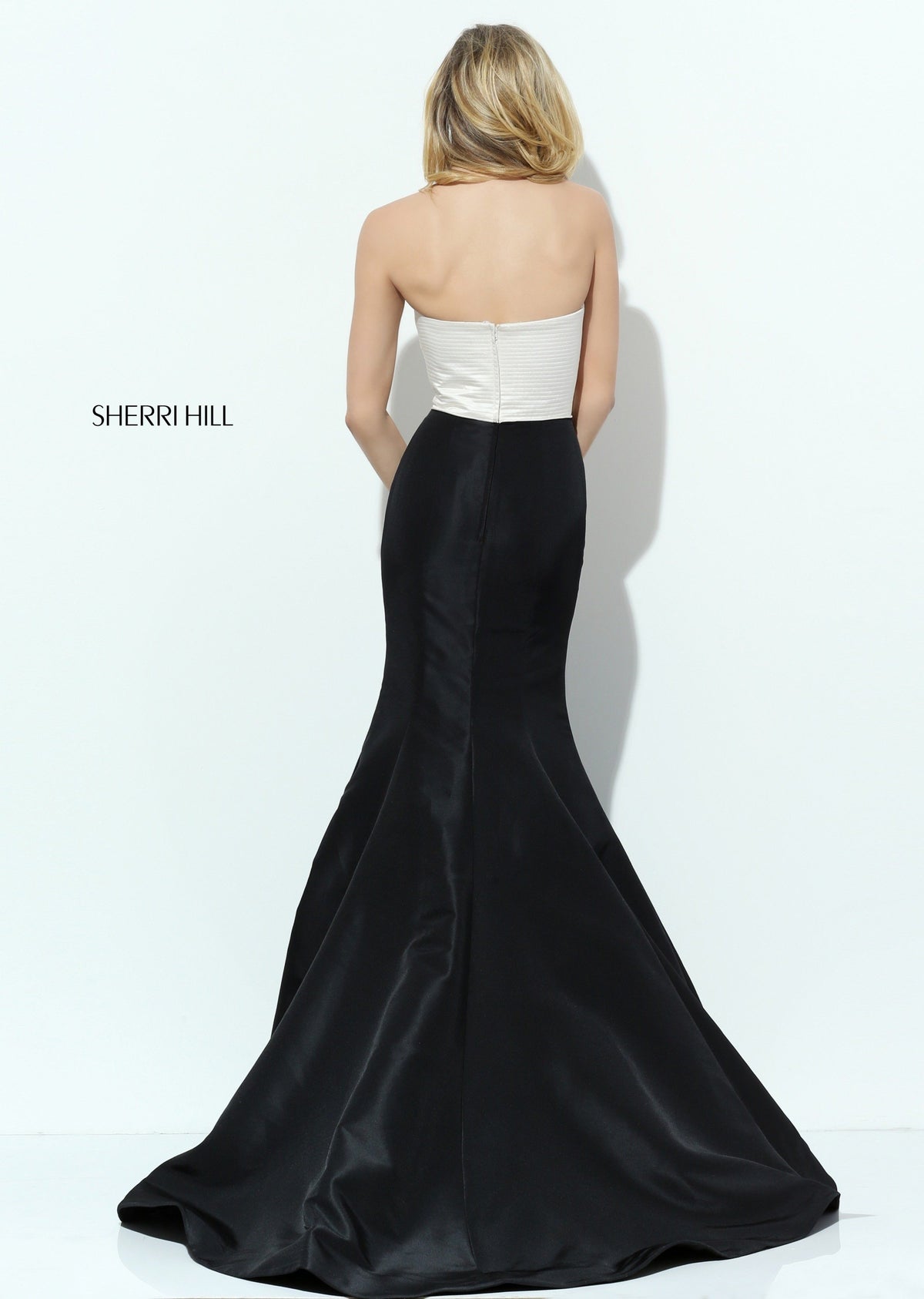 Sherri Hill 50601 strapless satin mermaid gown in ivory/black