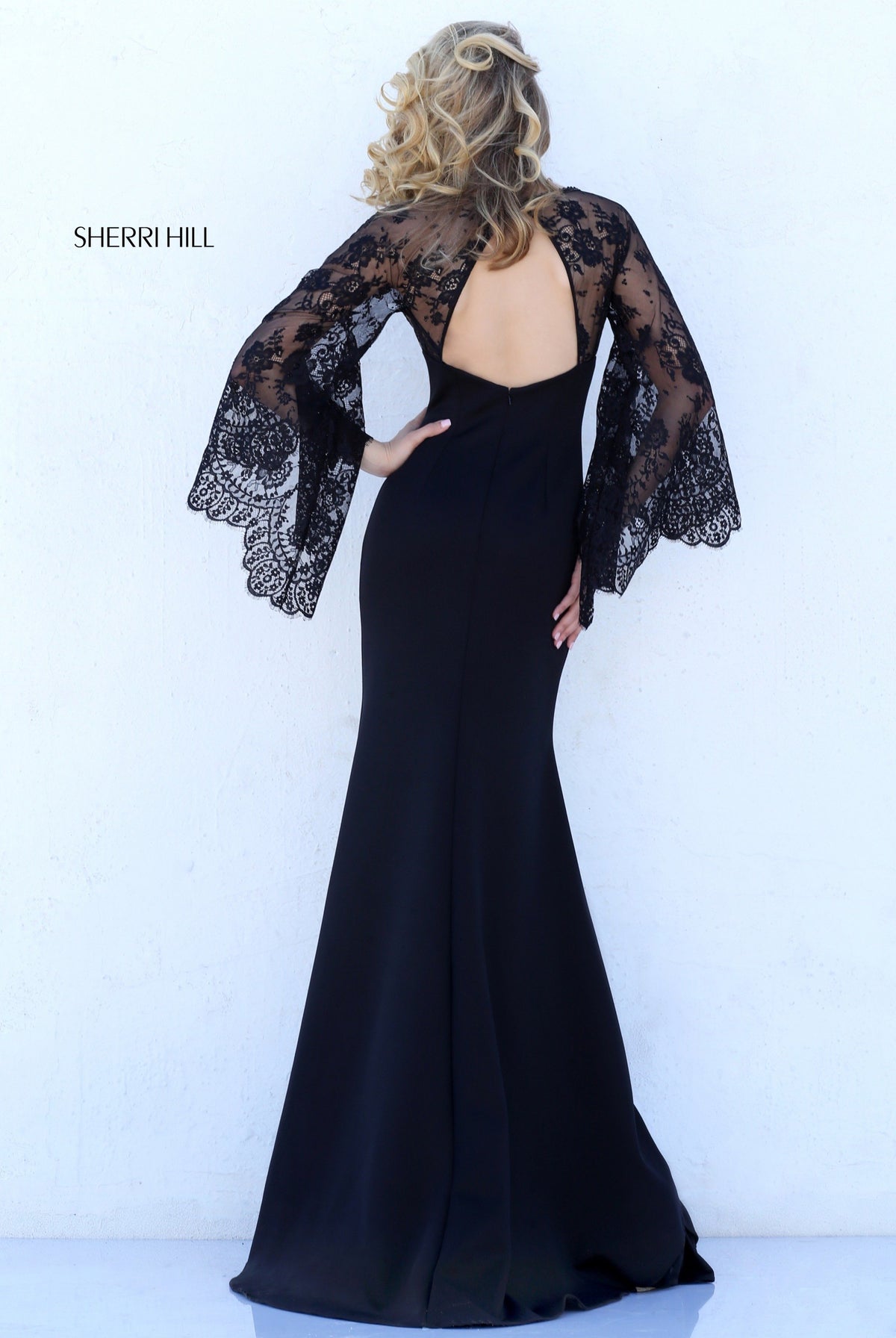 Sherri Hill 50610 V-neck lace fitted cocktail dress with bell sleeves