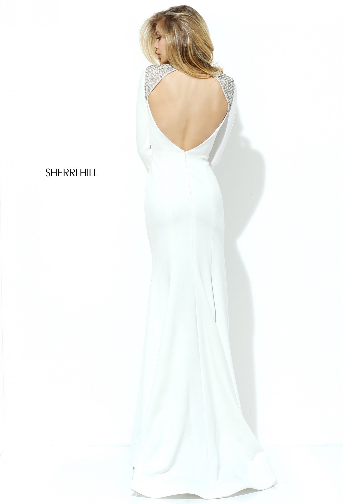 Sherri Hill 50618 V-neck long-sleeve fitted gown with slit