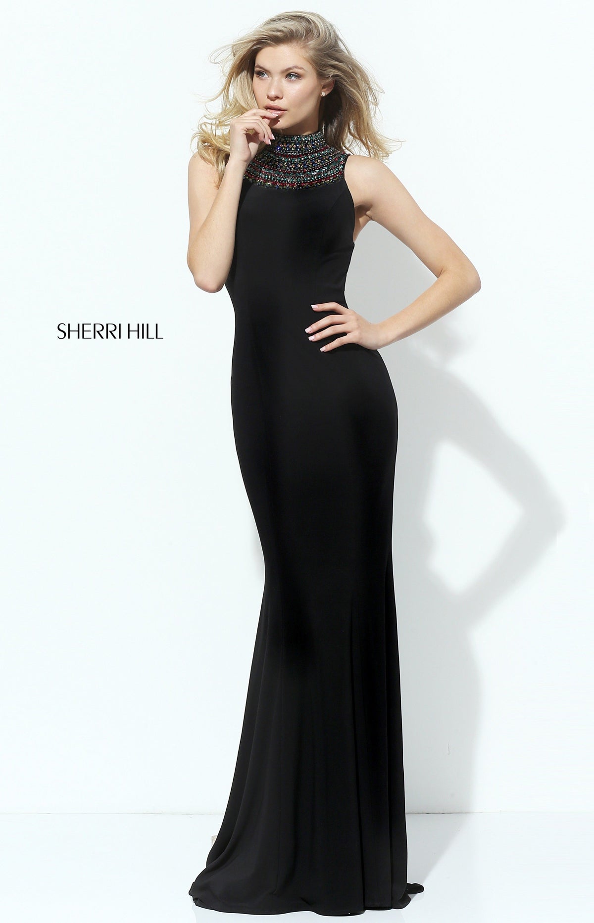 Sherri Hill 50629 high-neck beaded fitted jersey gown in black/multi