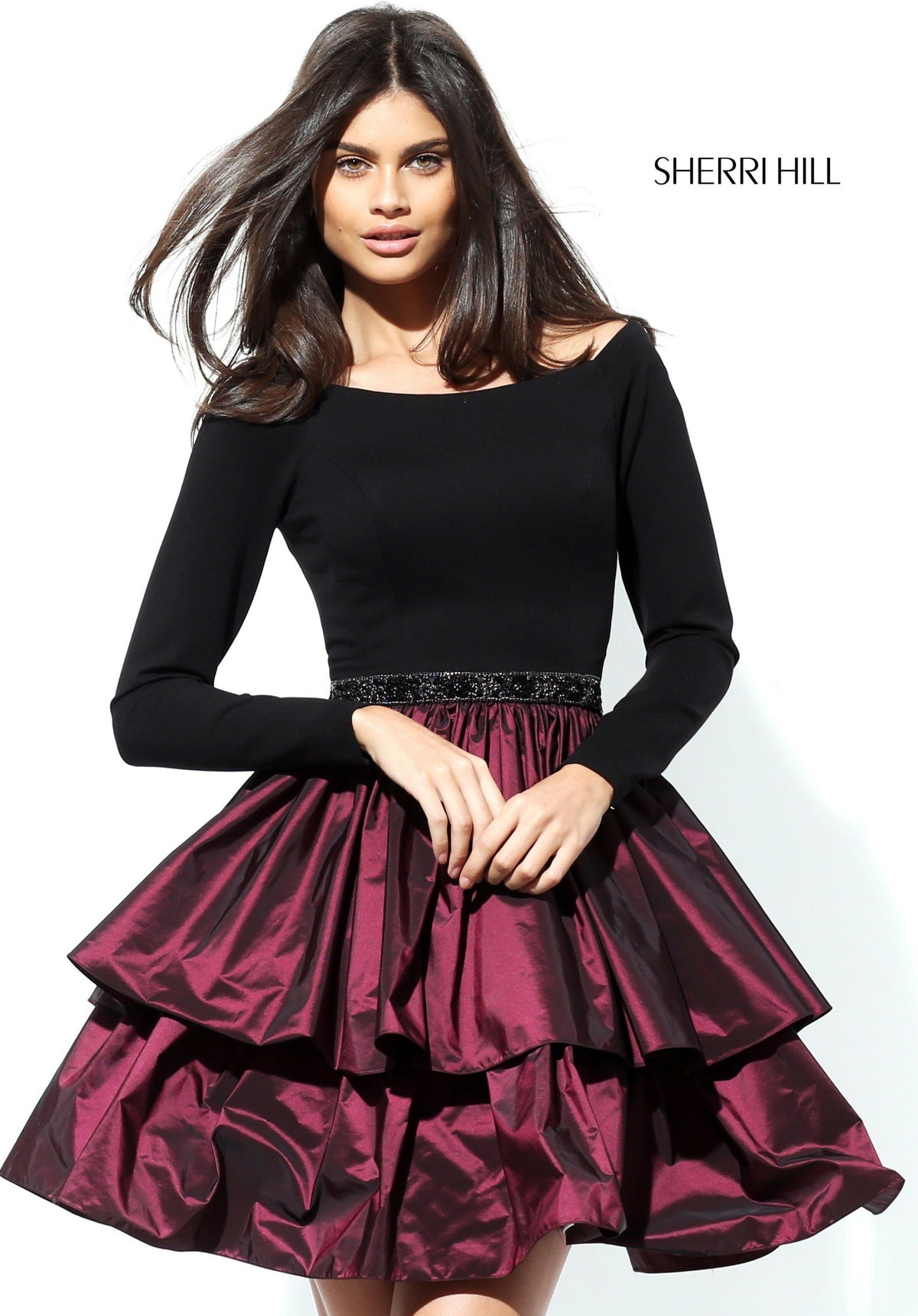 Sherri Hill 50641 two-piece long-sleeve cocktail dress with tiered skirt in black/wine