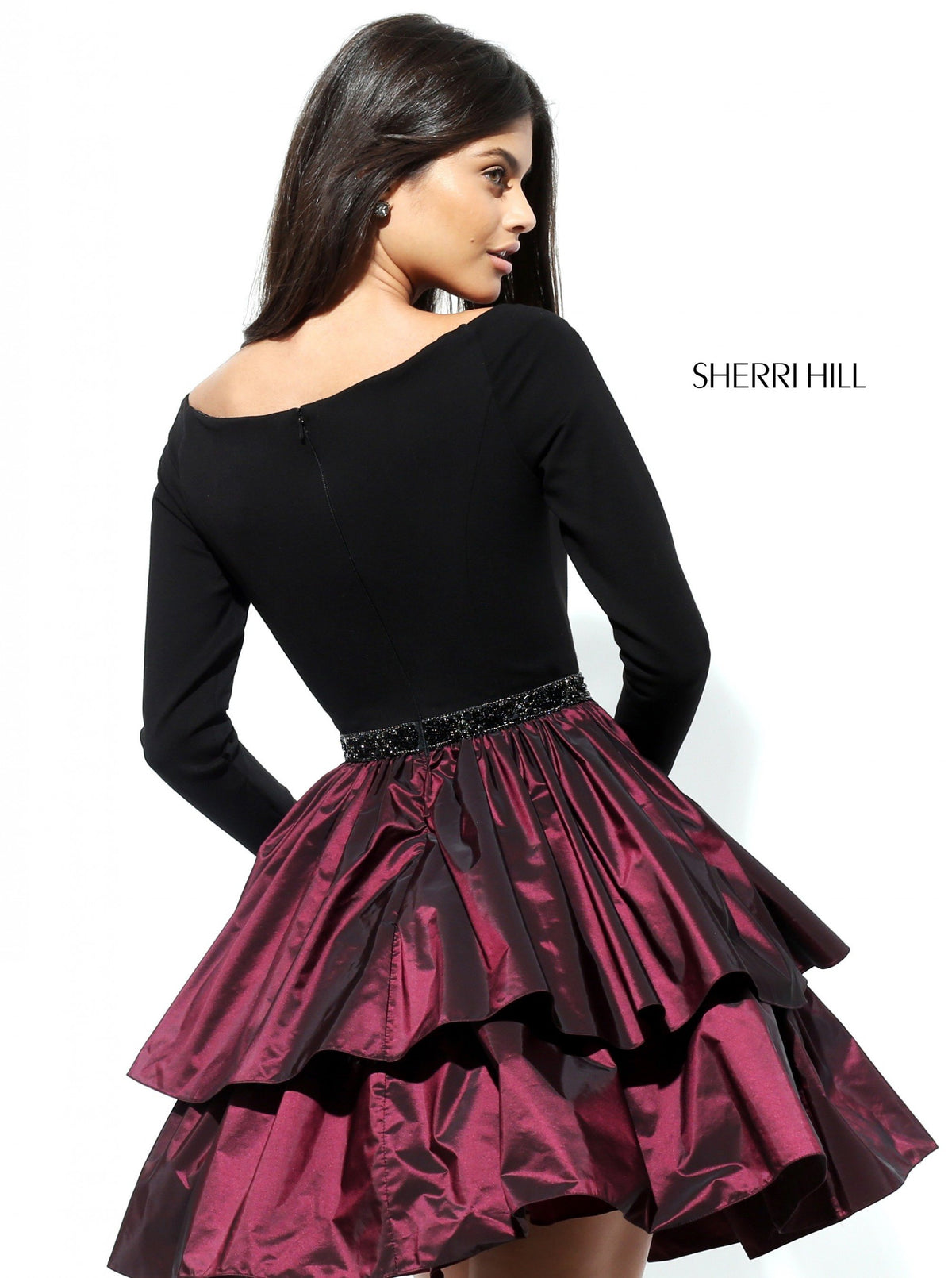 Sherri Hill 50641 two-piece long-sleeve cocktail dress with tiered skirt
