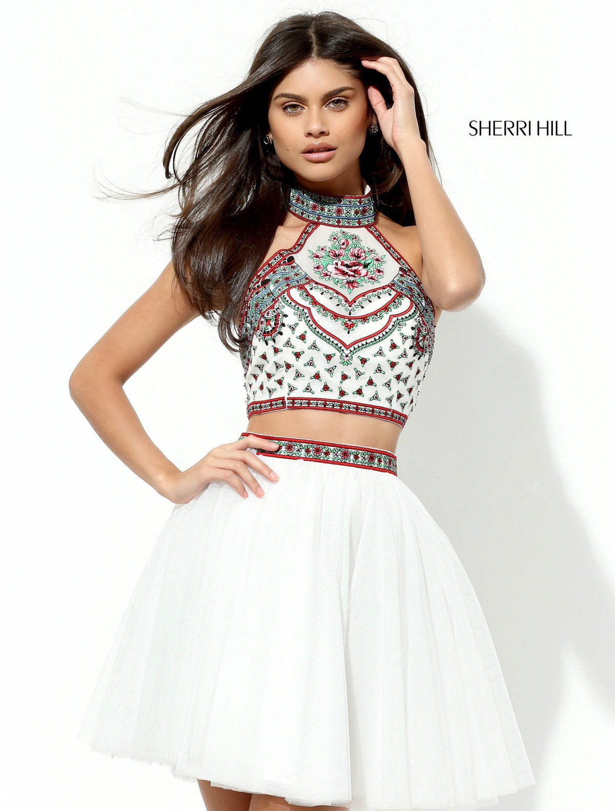 Sherri Hill 50645 two-piece halter embroidered cocktail dress with tulle skirt in ivory/multi