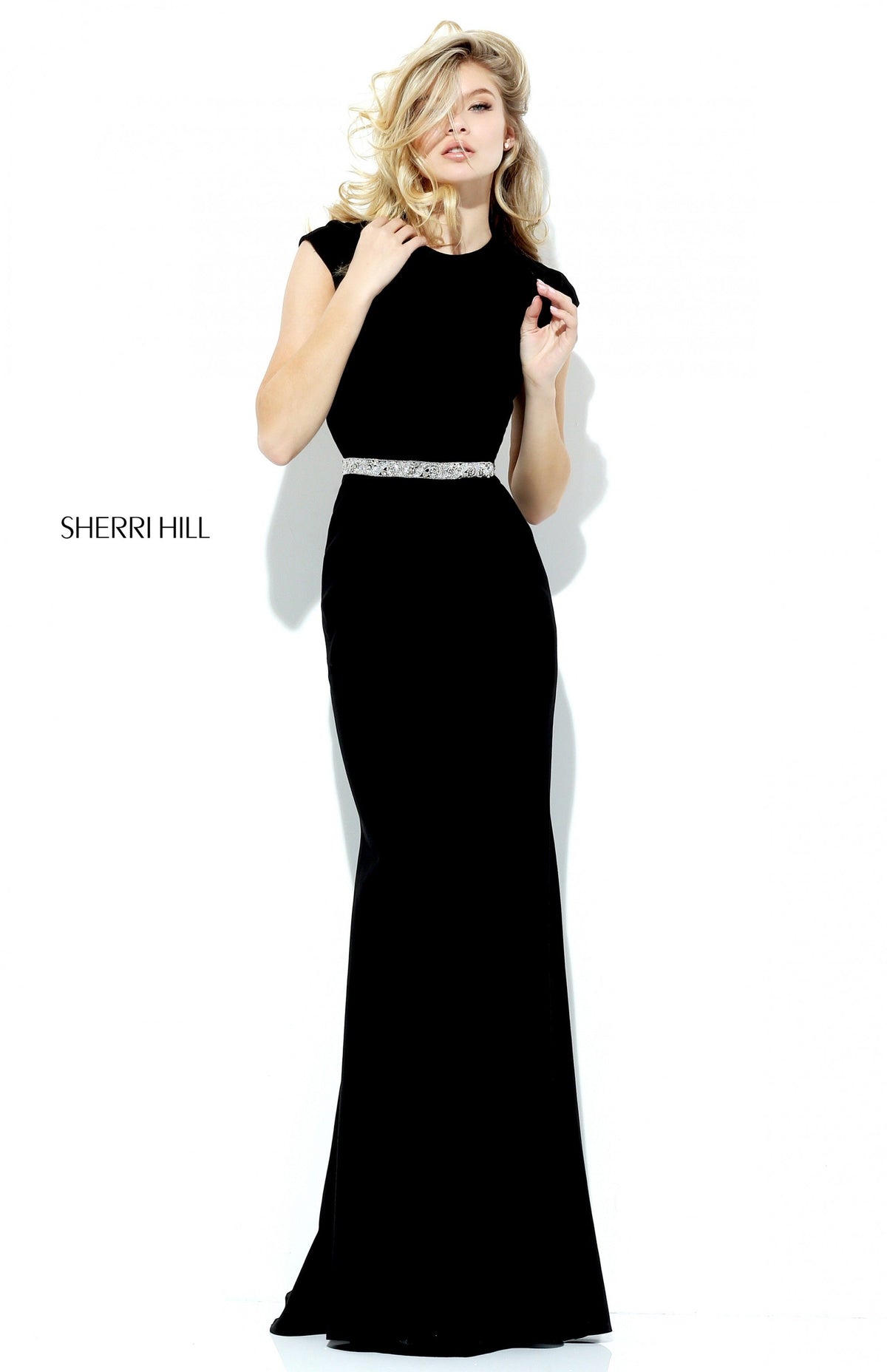 Sherri Hill 50646 cap-sleeve fitted jersey gown with beaded waist