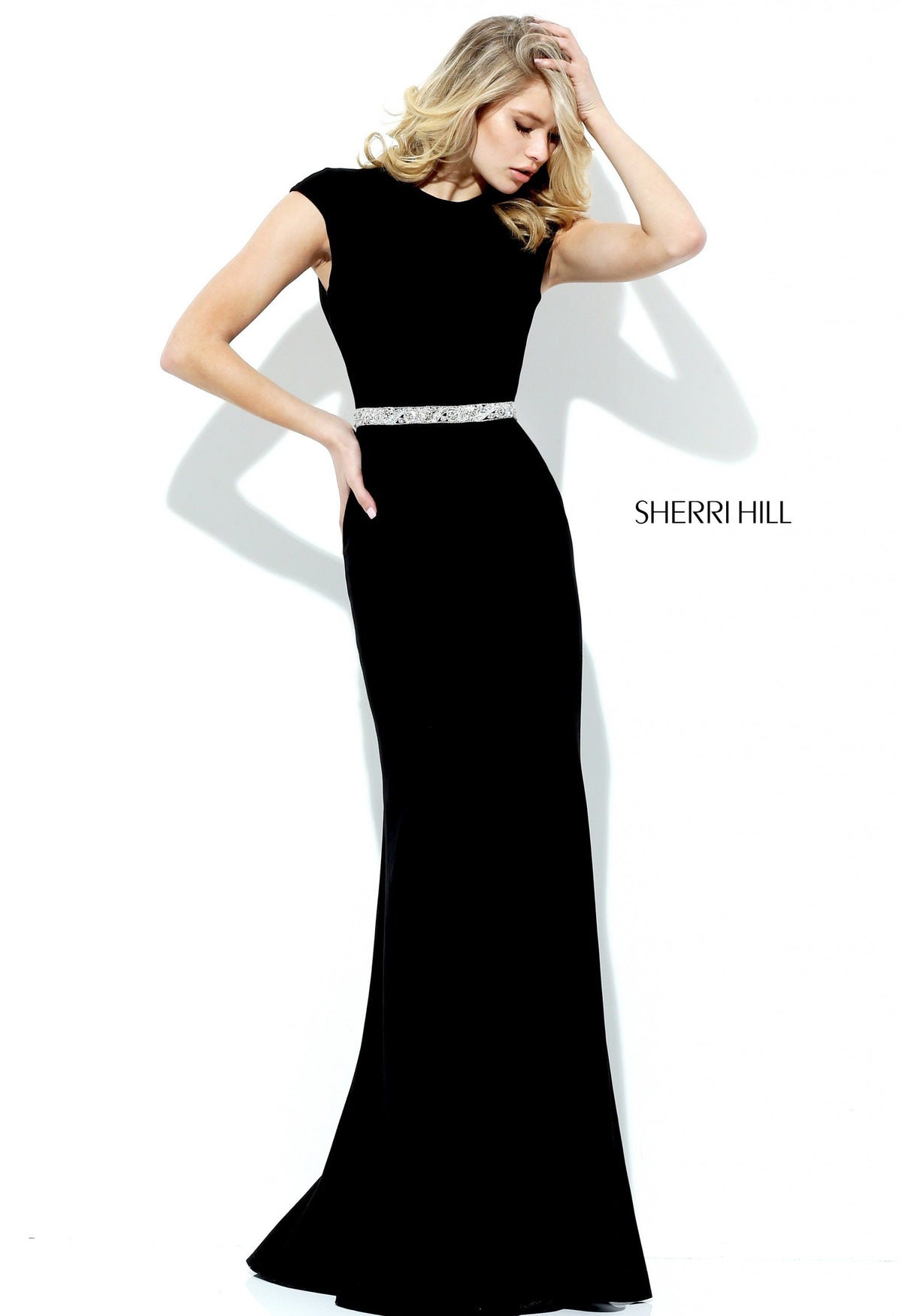 Sherri Hill 50646 cap-sleeve fitted jersey gown with beaded waist