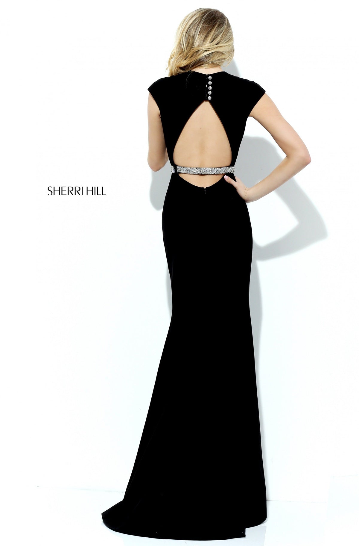 Sherri Hill 50646 cap-sleeve fitted jersey gown with beaded waist
