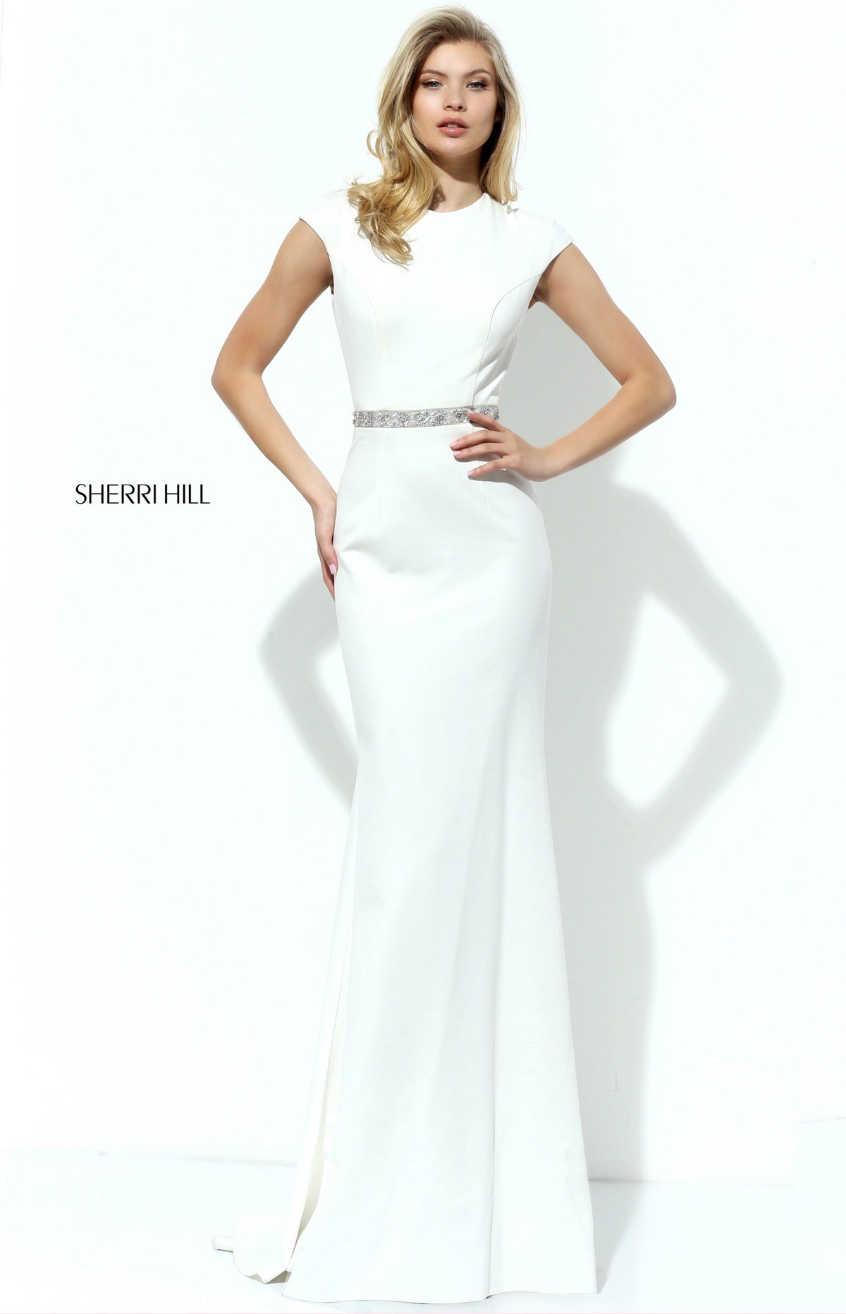 Sherri Hill 50646 cap-sleeve fitted jersey gown with beaded waist