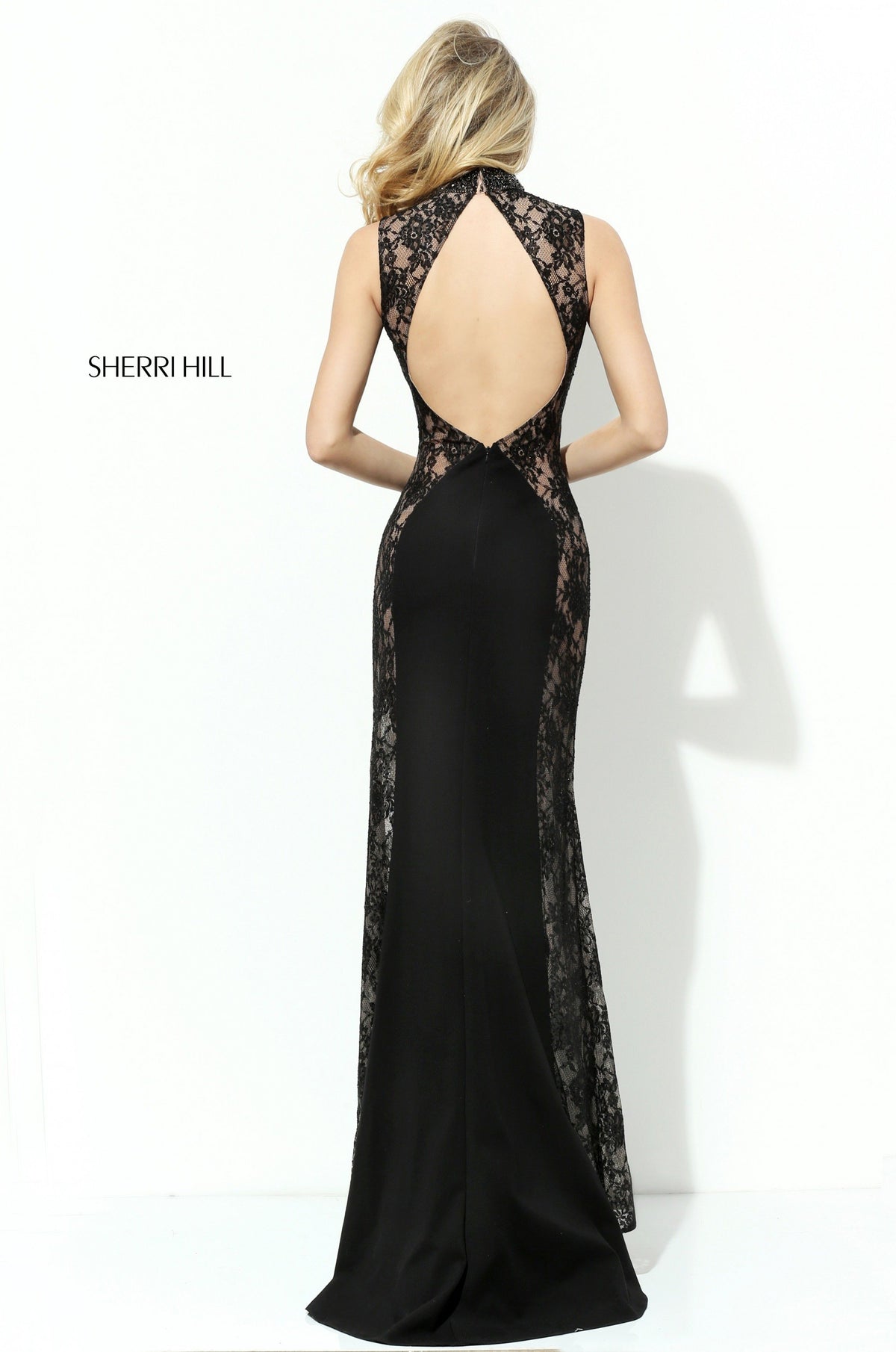 Sherri Hill 50652 high-neck fitted gown with lace panels
