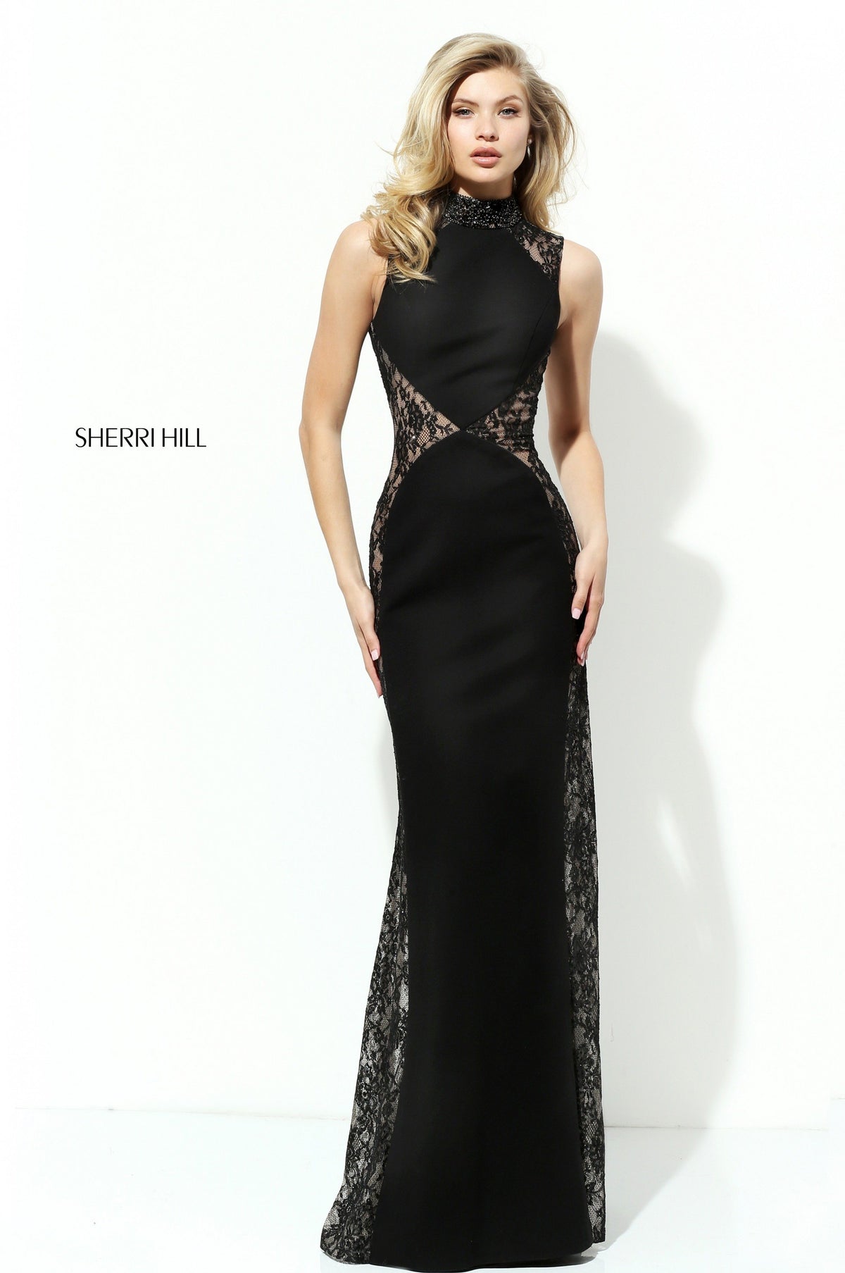 Sherri Hill 50652 high-neck fitted gown with lace panels in black