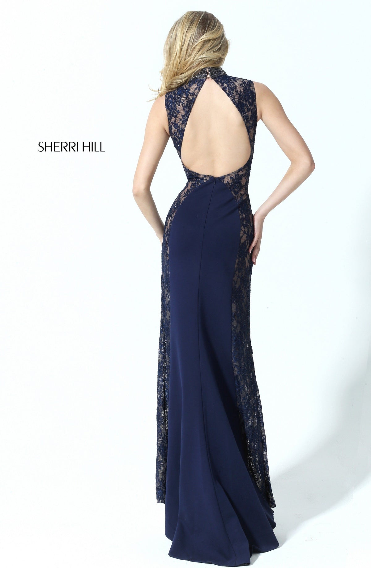 Sherri Hill 50652 high-neck fitted gown with lace panels