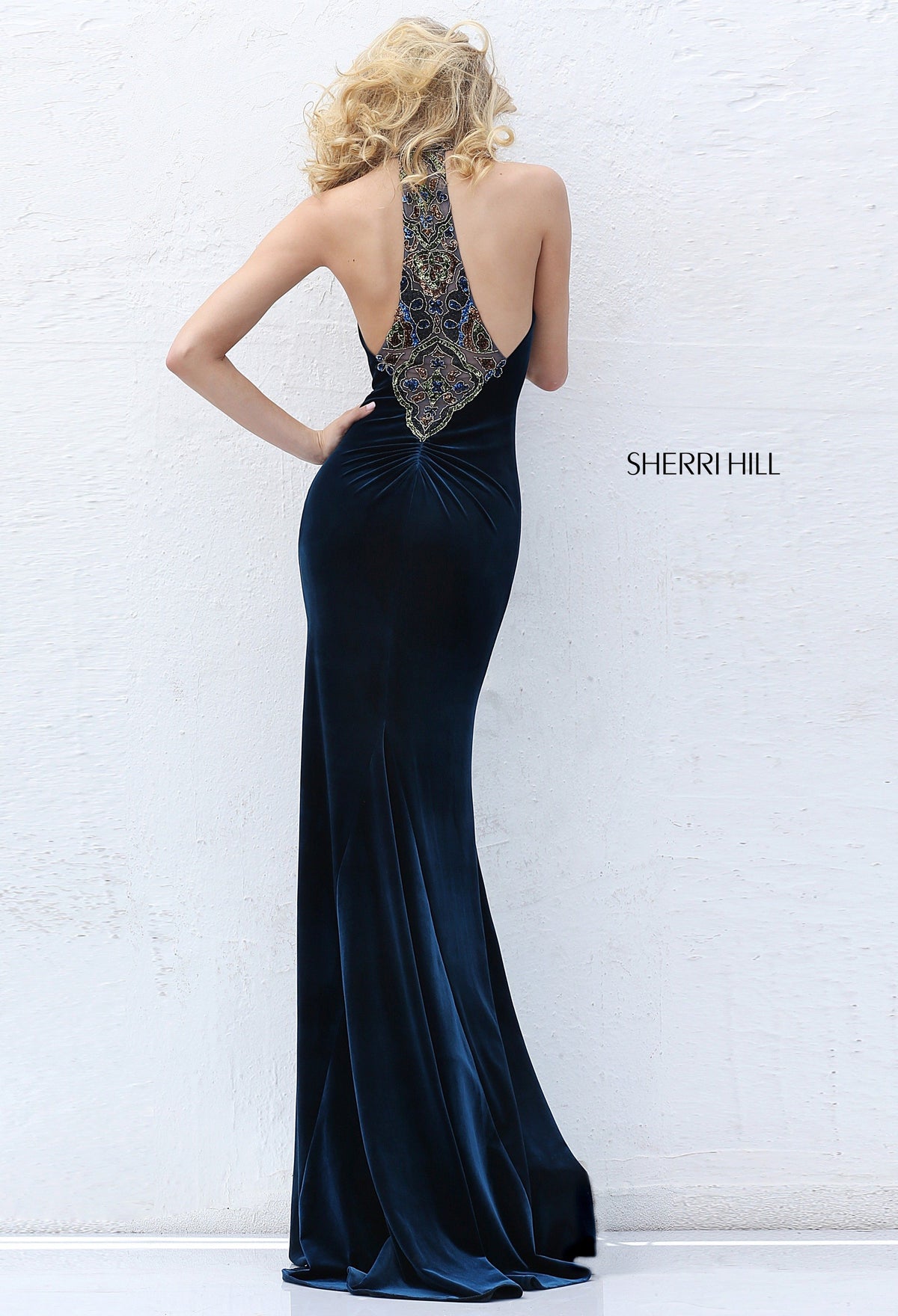 Sherri Hill 50653 high-neck velvet fitted gown