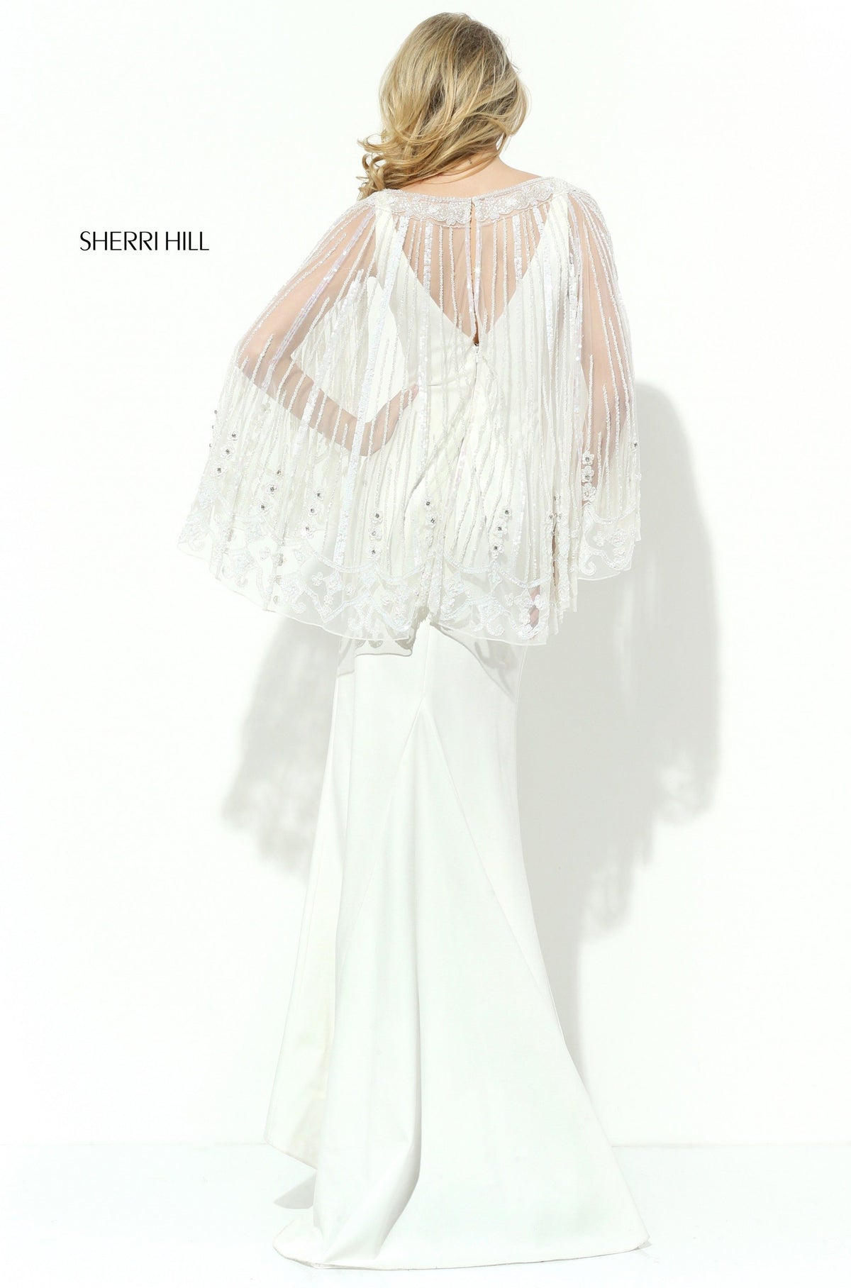Sherri Hill 50655 V-neck gown with sheer cape sleeves