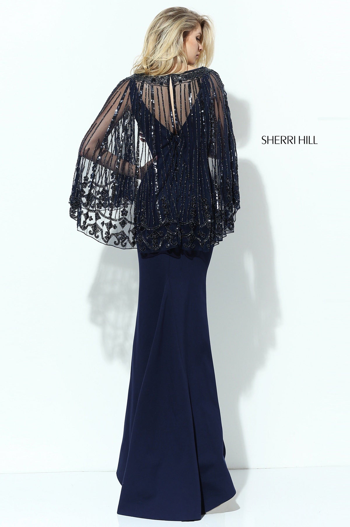 Sherri Hill 50655 V-neck gown with sheer cape sleeves