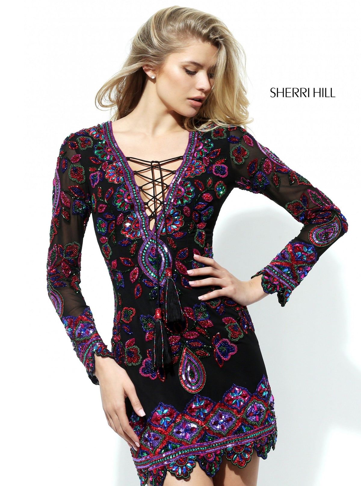 Sherri Hill 50666 long-sleeve embroidered cocktail dress in multi
