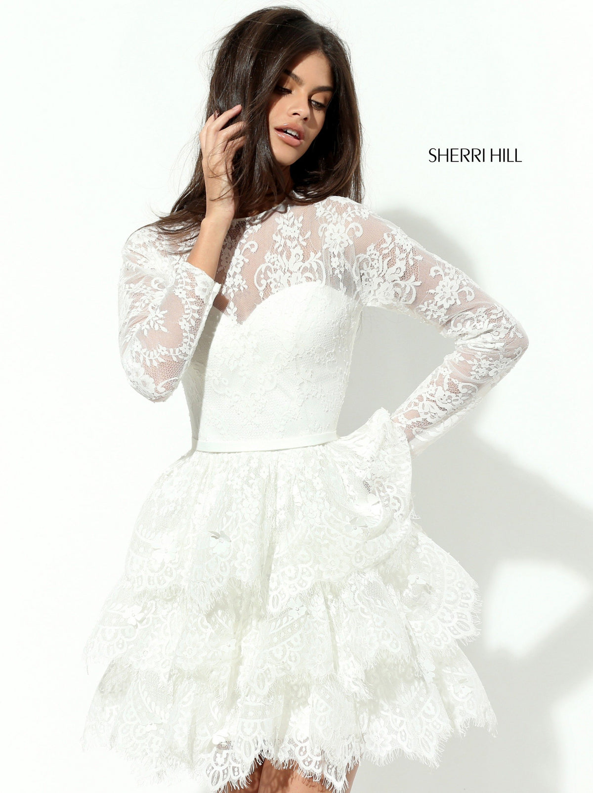 Sherri Hill 50686 long-sleeve lace cocktail dress with ruffled skirt