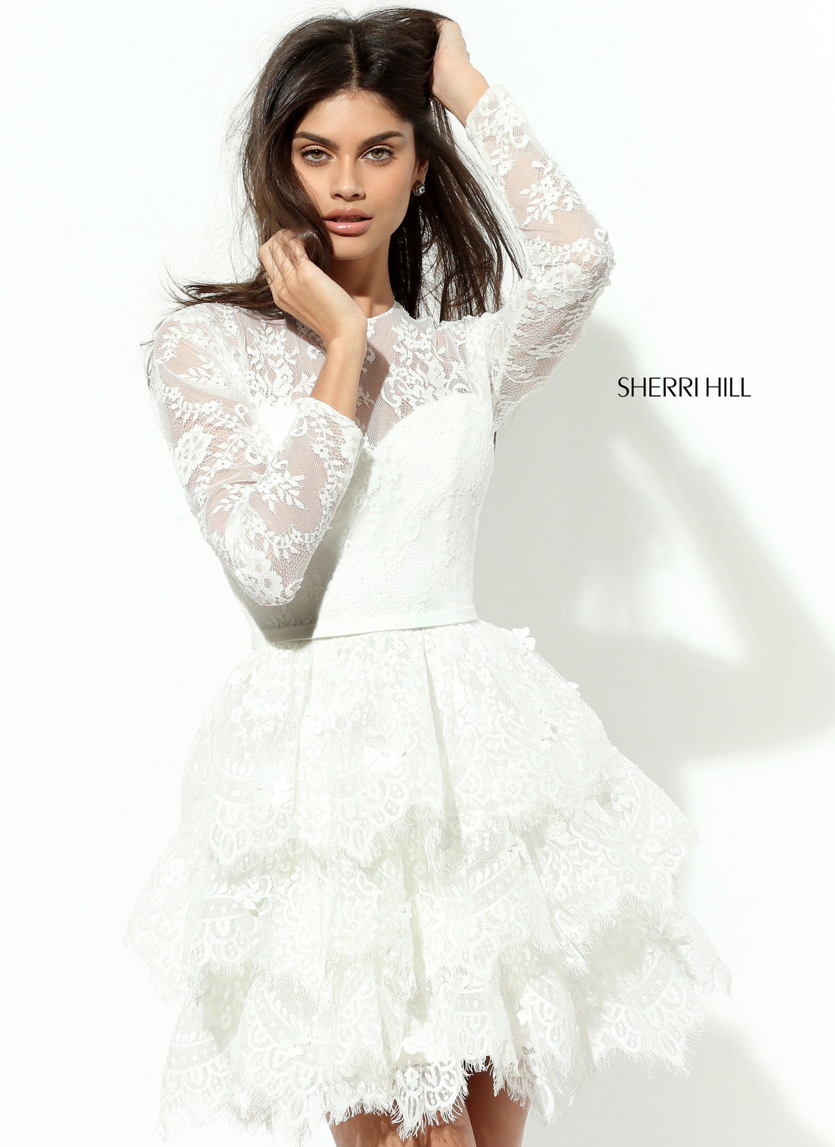 Sherri Hill 50686 long-sleeve lace cocktail dress with ruffled skirt