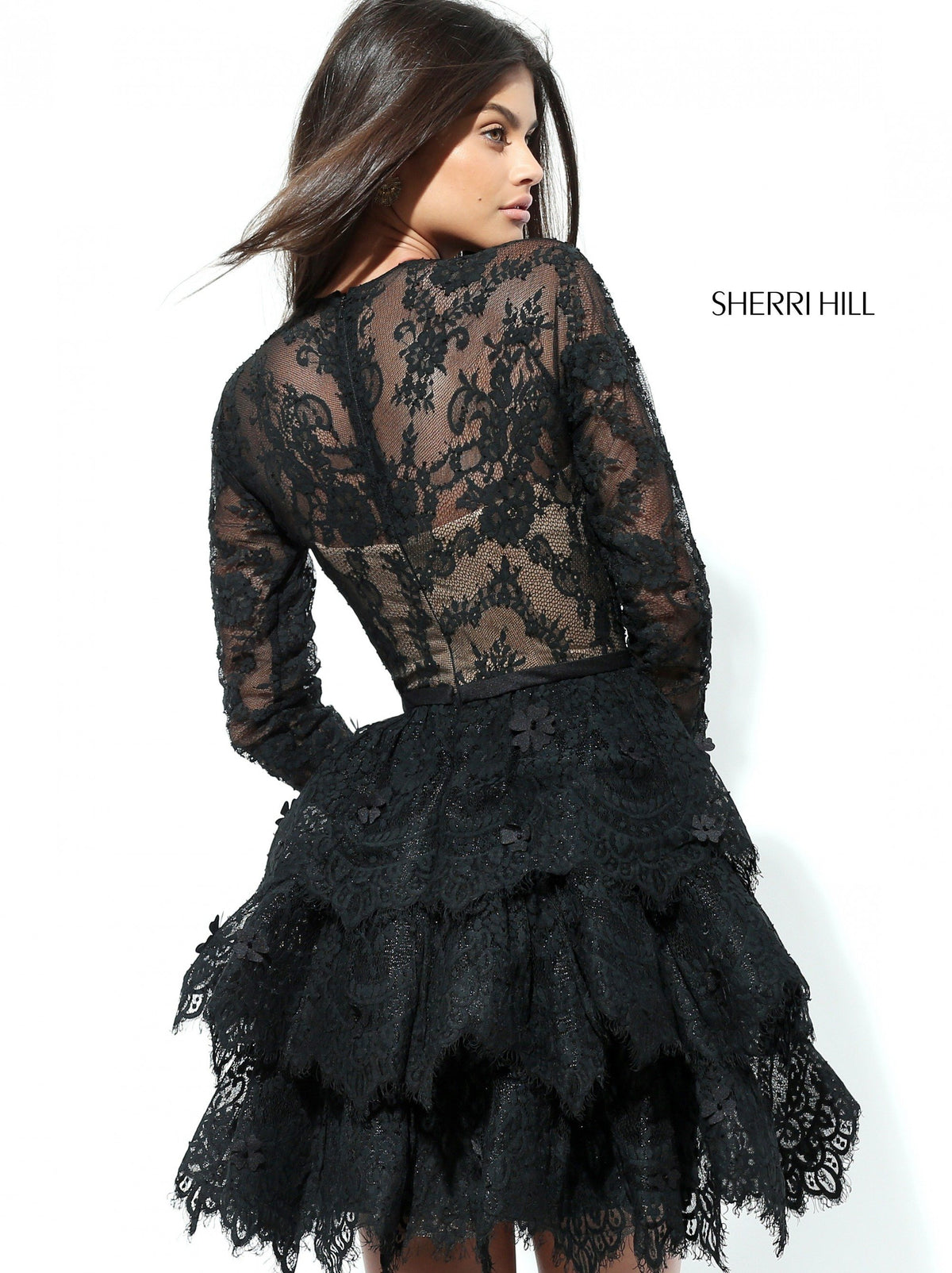 Sherri Hill 50686 long-sleeve lace cocktail dress with ruffled skirt
