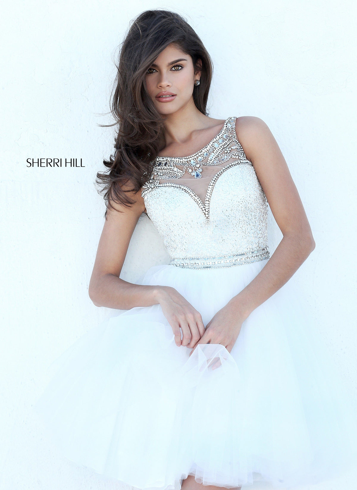 Sherri Hill 50708 beaded bodice cocktail dress with tulle skirt in ivory