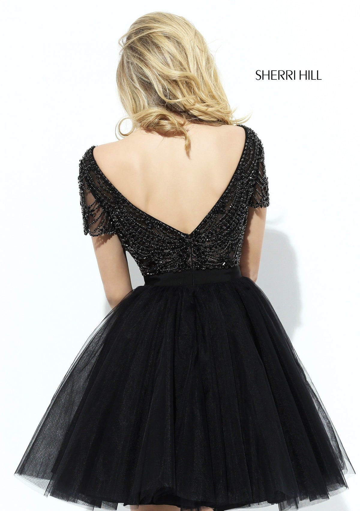 Sherri Hill 50709 cap-sleeve lace bodice cocktail dress with tulle skirt