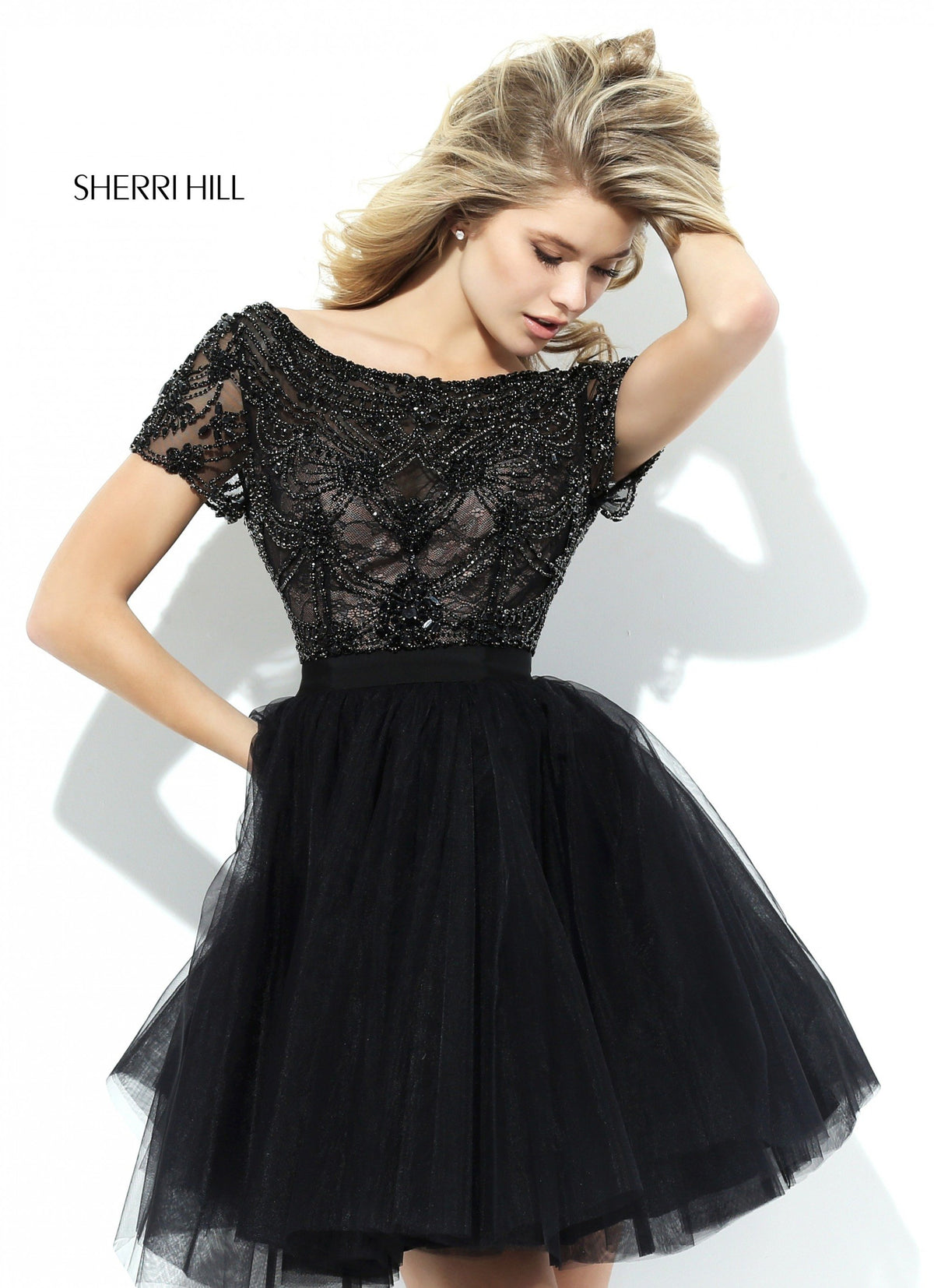 Sherri Hill 50709 cap-sleeve lace bodice cocktail dress with tulle skirt