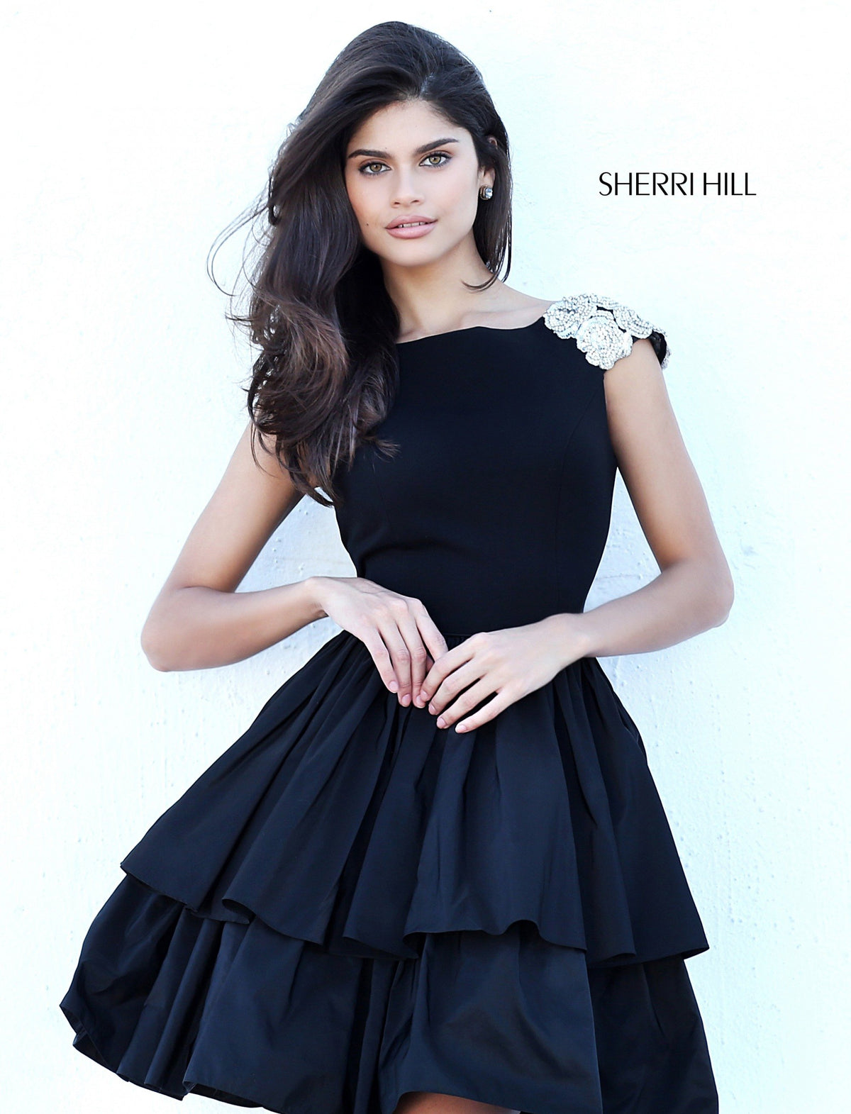 Sherri Hill 50712 cocktail dress with tiered skirt in black