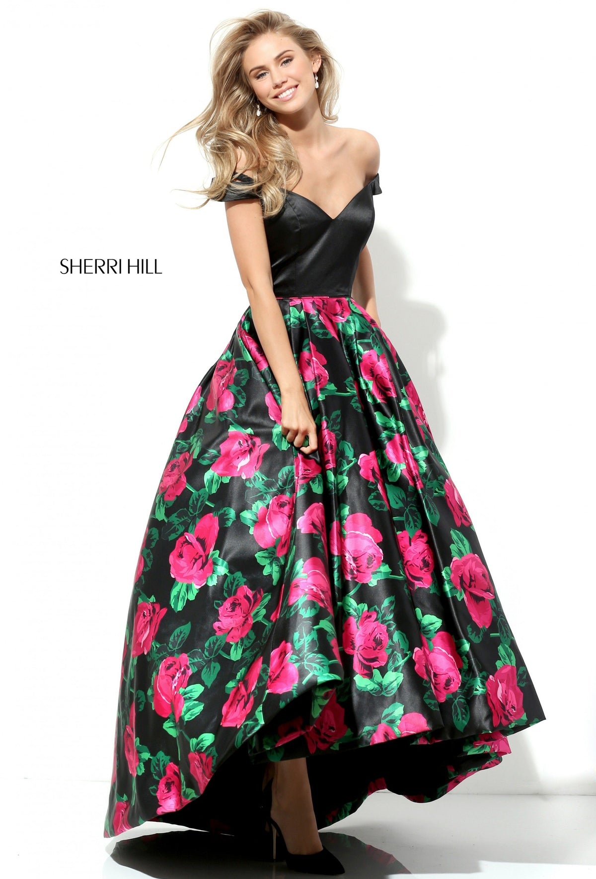 Sherri Hill 50715 off-the-shoulder floral print high-low gown in black/fuchsia print