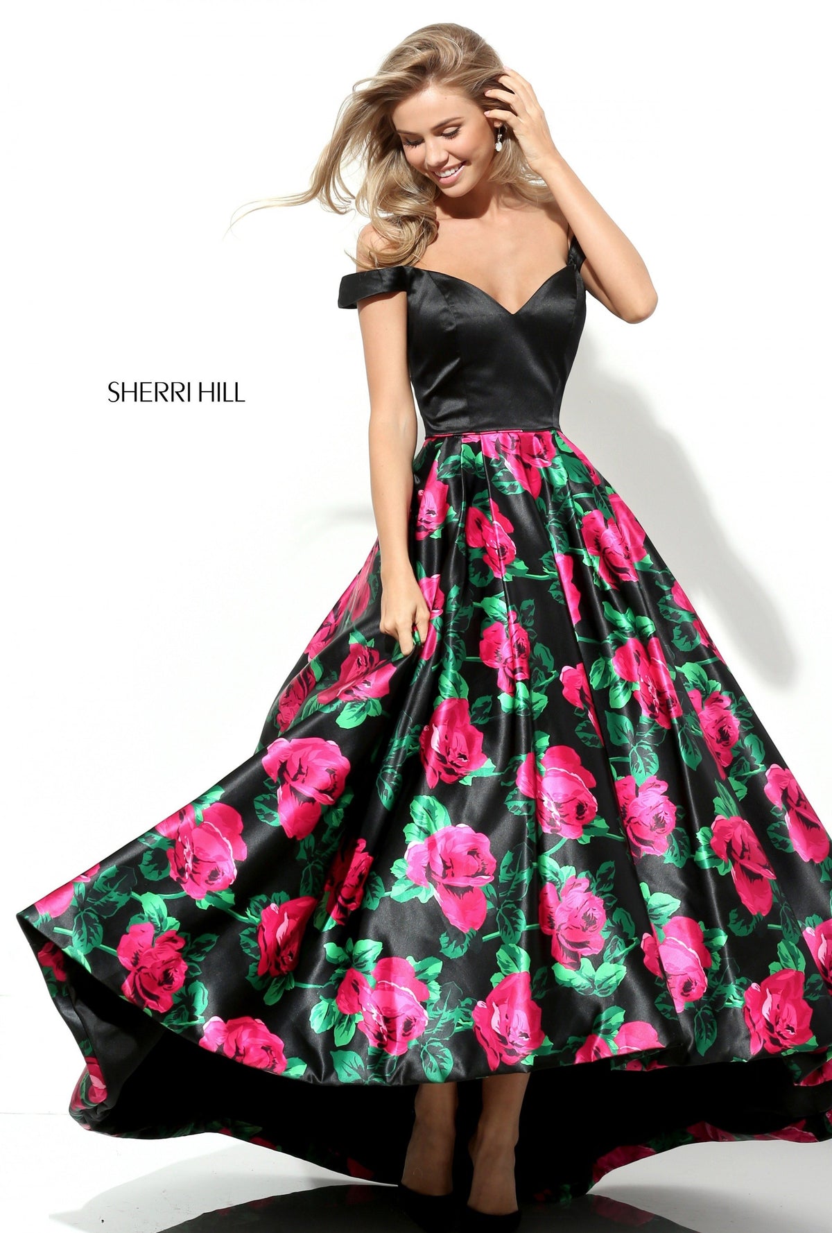 Sherri Hill 50715 off-the-shoulder floral print high-low gown