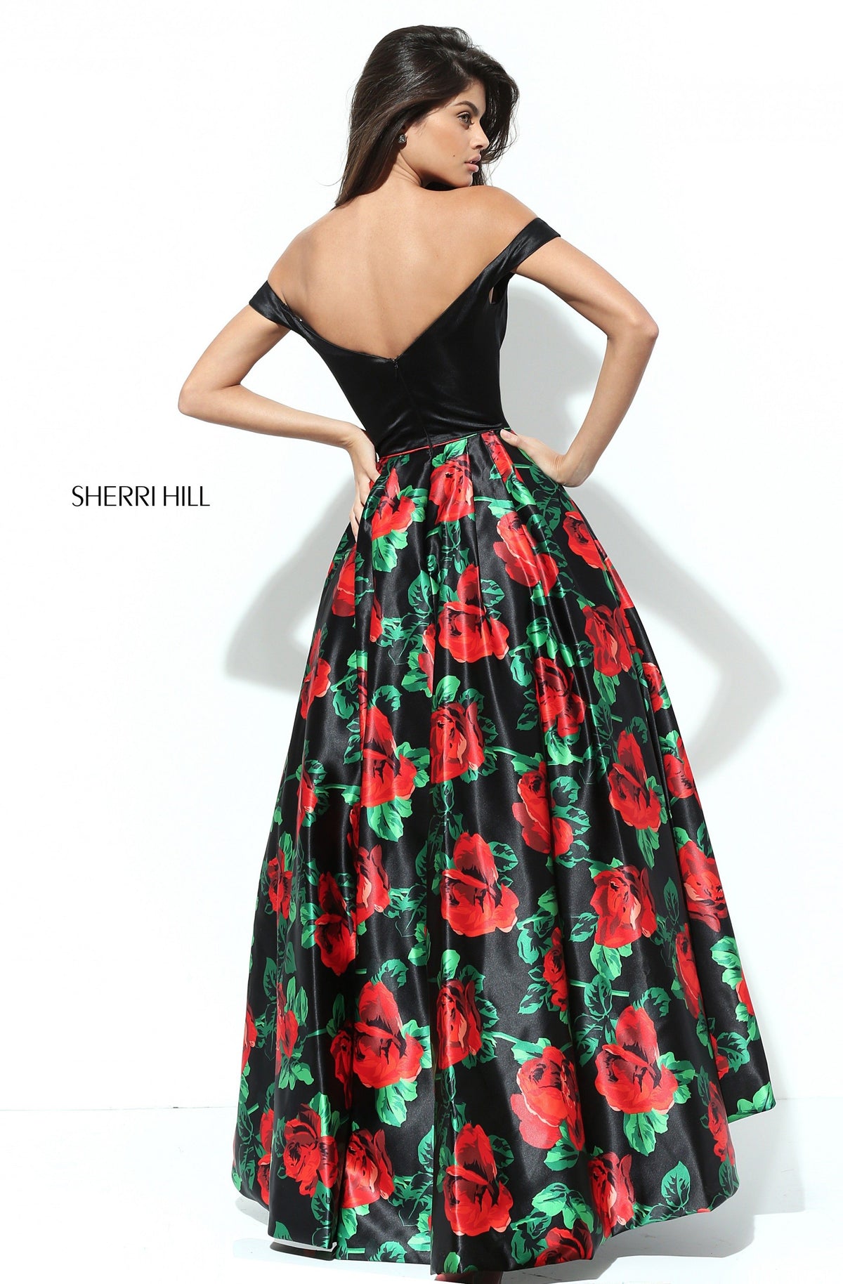Sherri Hill 50715 off-the-shoulder floral print high-low gown