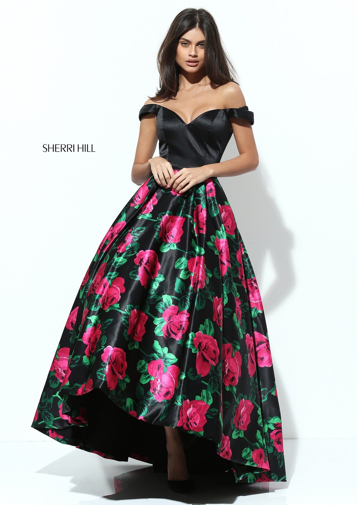 Sherri Hill 50715 off-the-shoulder floral print high-low gown