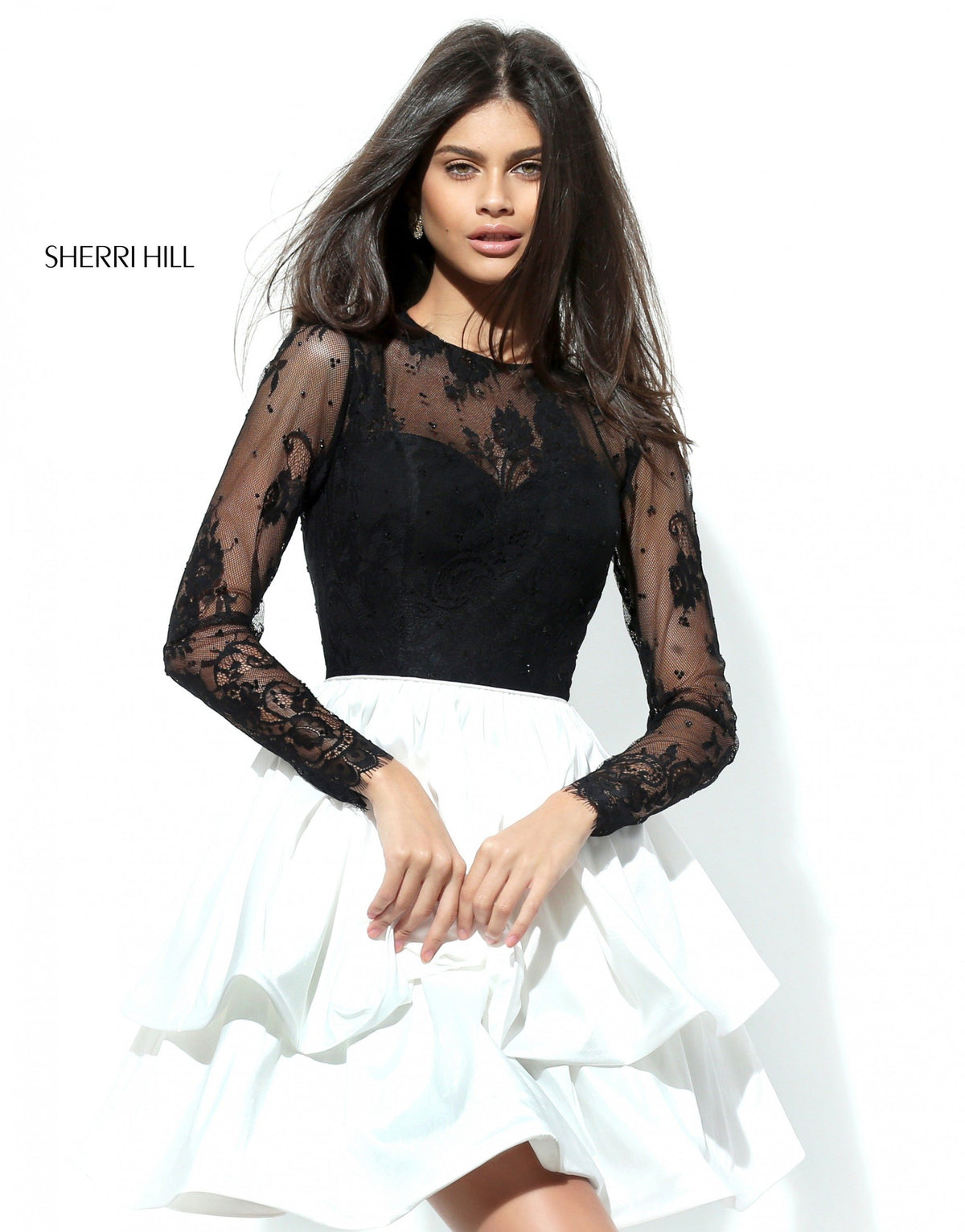 Sherri Hill 50720 long-sleeve lace cocktail dress with tiered satin skirt