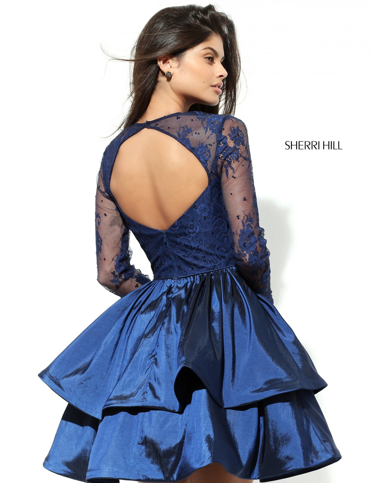 Sherri Hill 50720 long-sleeve lace cocktail dress with tiered satin skirt