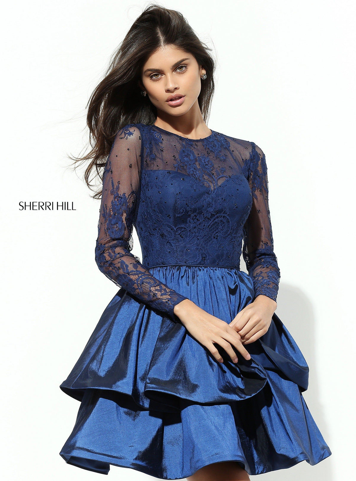 Sherri Hill 50720 long-sleeve lace cocktail dress with tiered satin skirt