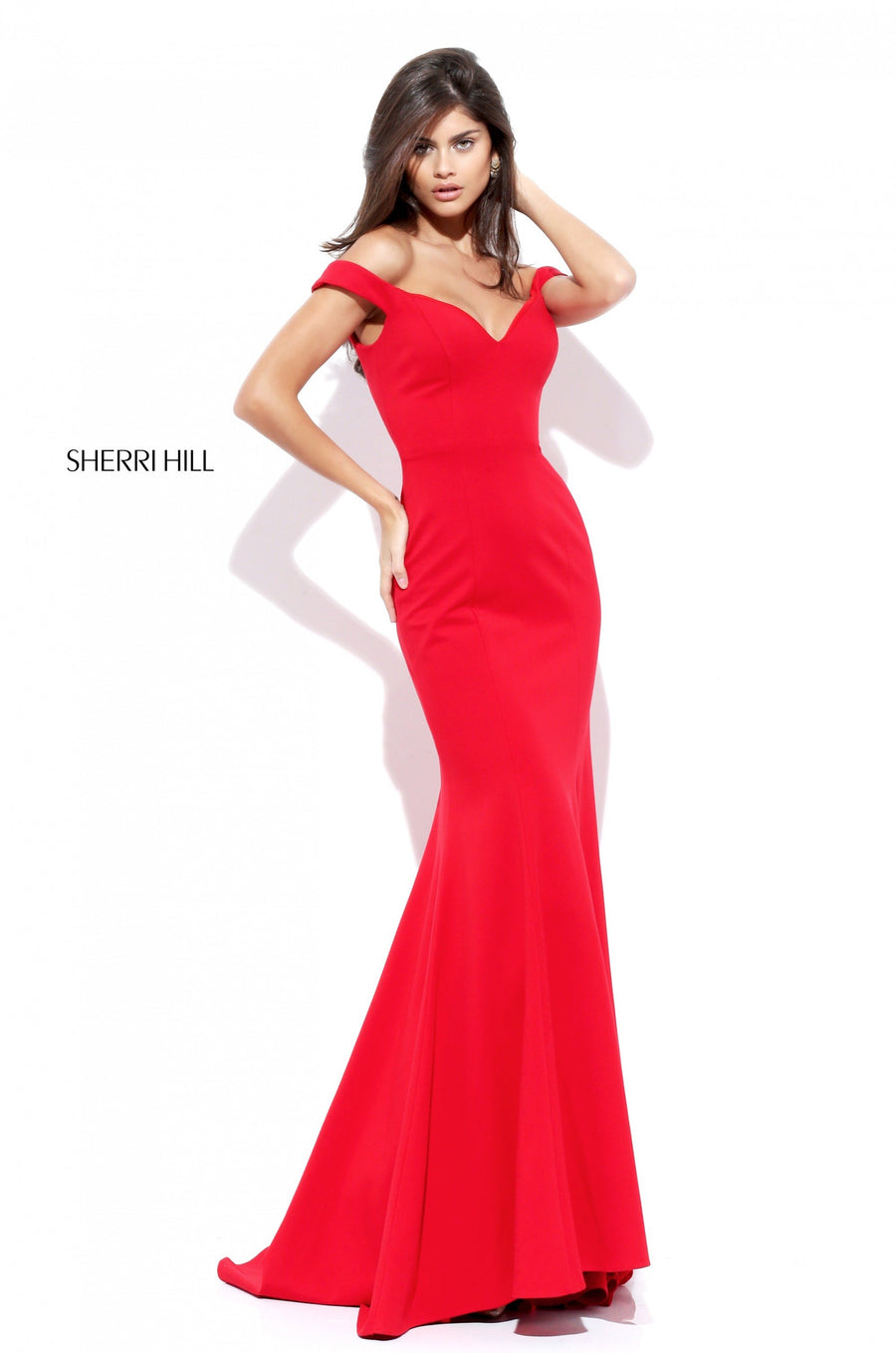 Sherri Hill style 50730 in black, Fitted Scuba Off the Shoulder Mermaid Gown