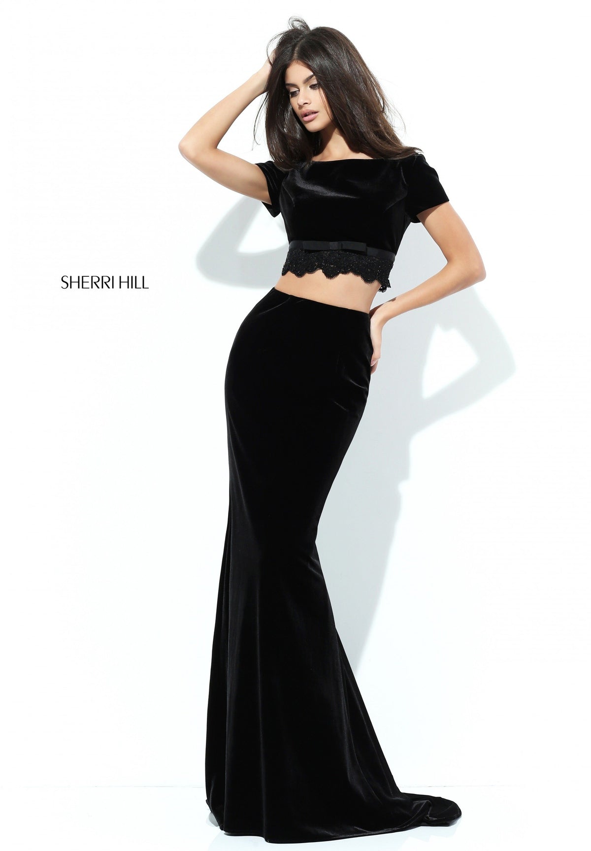Sherri Hill 50736 two-piece velvet mermaid gown in black